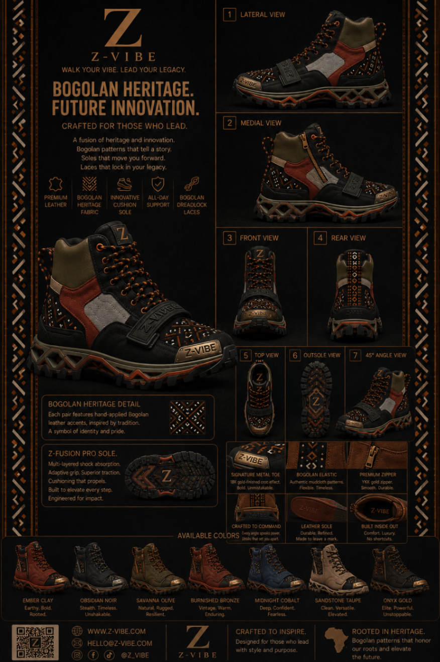 Bogolan mudcloth Command Boot™ — Men · Footwear seven-view specification plate; showing 01 Front, 02 Left, 03 Right, 04 Back, 05 Interior, 06 Inner tags, 07 Fabric detail. — 01 Front, Ember Clay