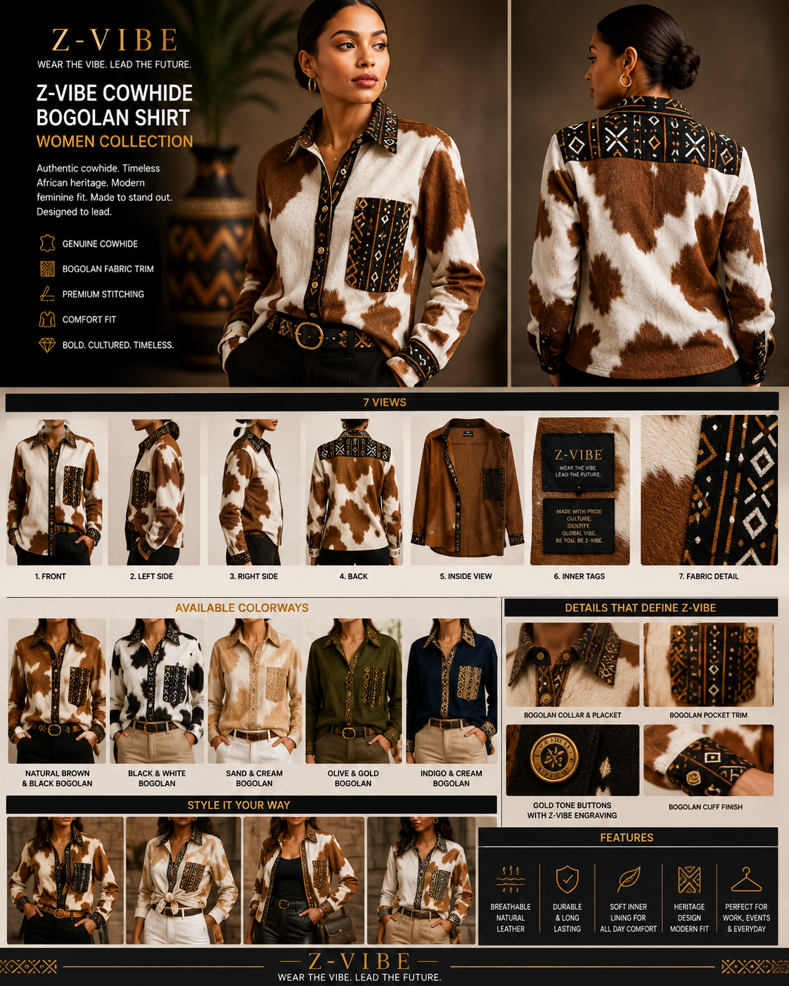 Cowhide Bogolan Shirt — Women — House · Cowhide & Bogolan seven-view specification plate; showing 01 Front, 02 Left, 03 Right, 04 Back, 05 Interior, 06 Inner tags, 07 Fabric detail. — 01 Front, Natural Brown & Black Bogolan
