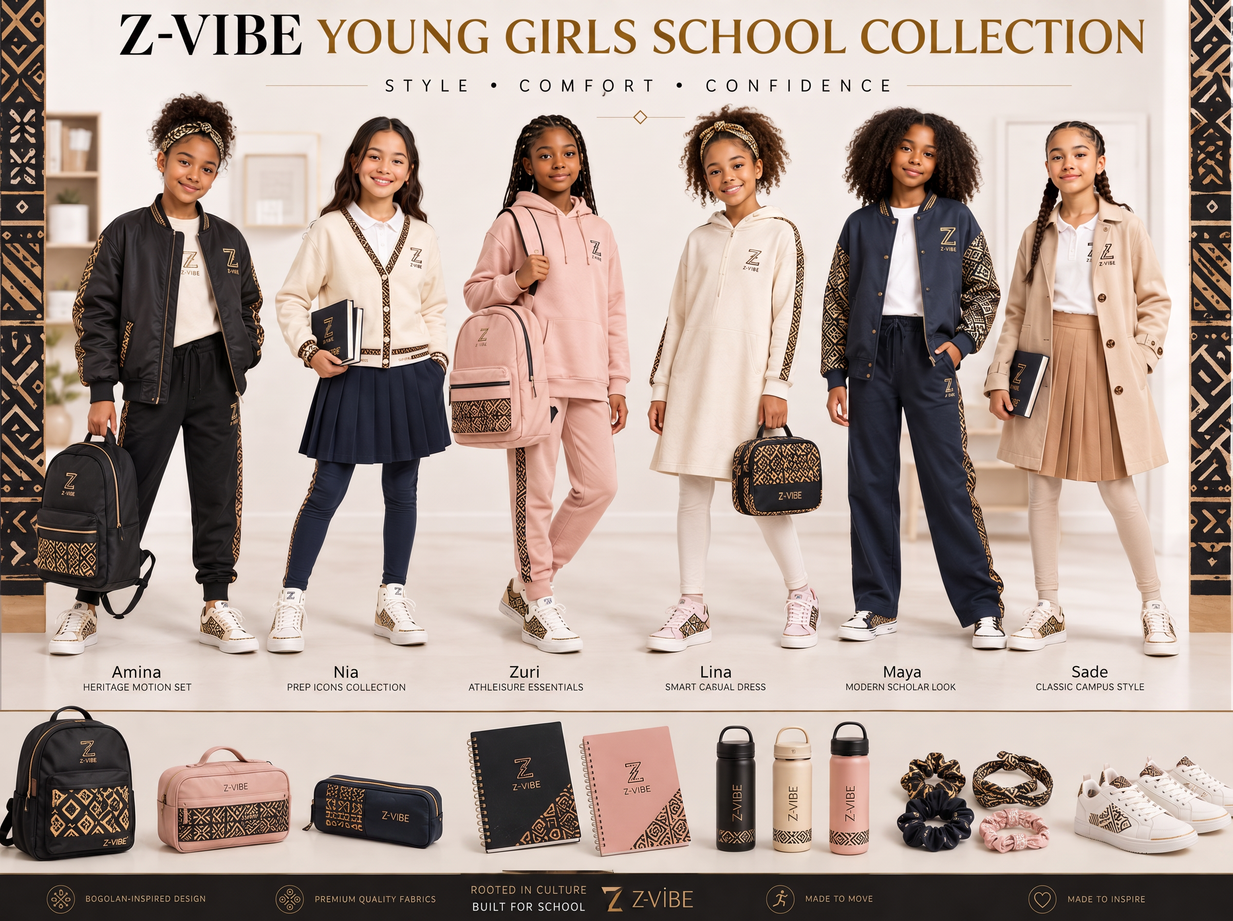 Heritage Line Tee — Girls — House · Z-Vibe Season Atelier™ · Girls seven-view specification plate; showing 01 Front, 02 Left, 03 Right, 04 Back, 05 Interior, 06 Inner tags, 07 Fabric detail. — 01 Front, Pearl Ivory