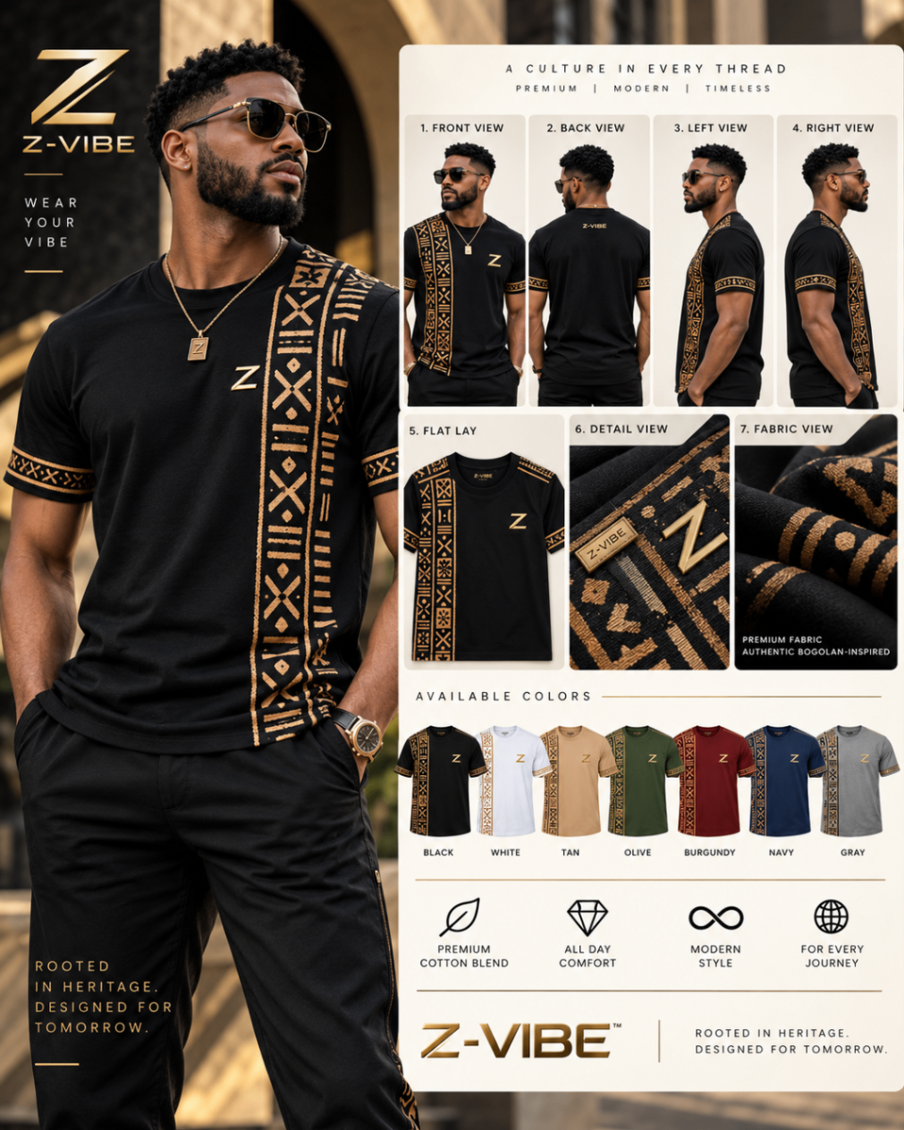 Men · Z-Vibe T-Shirt Series Boards™ — approved Z-Vibe design board with Bogolan detailing