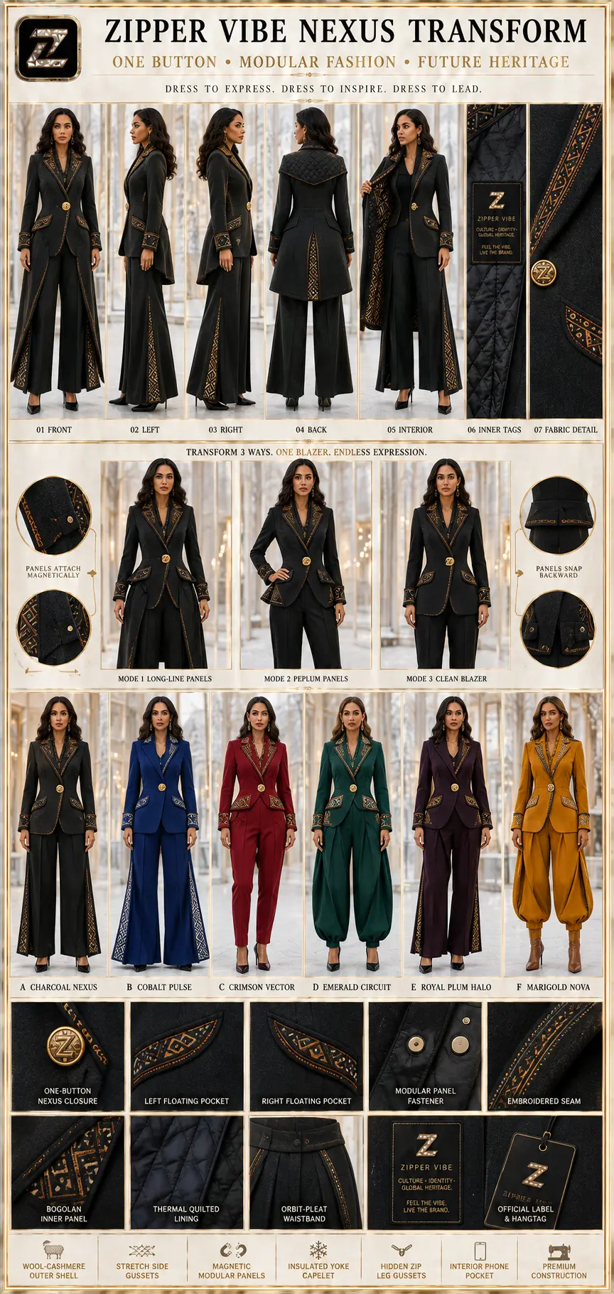 Nexus Transform — Women · Modular Future seven-view specification plate; showing 01 Front, 02 Left, 03 Right, 04 Back, 05 Interior, 06 Inner tags, 07 Fabric detail.
