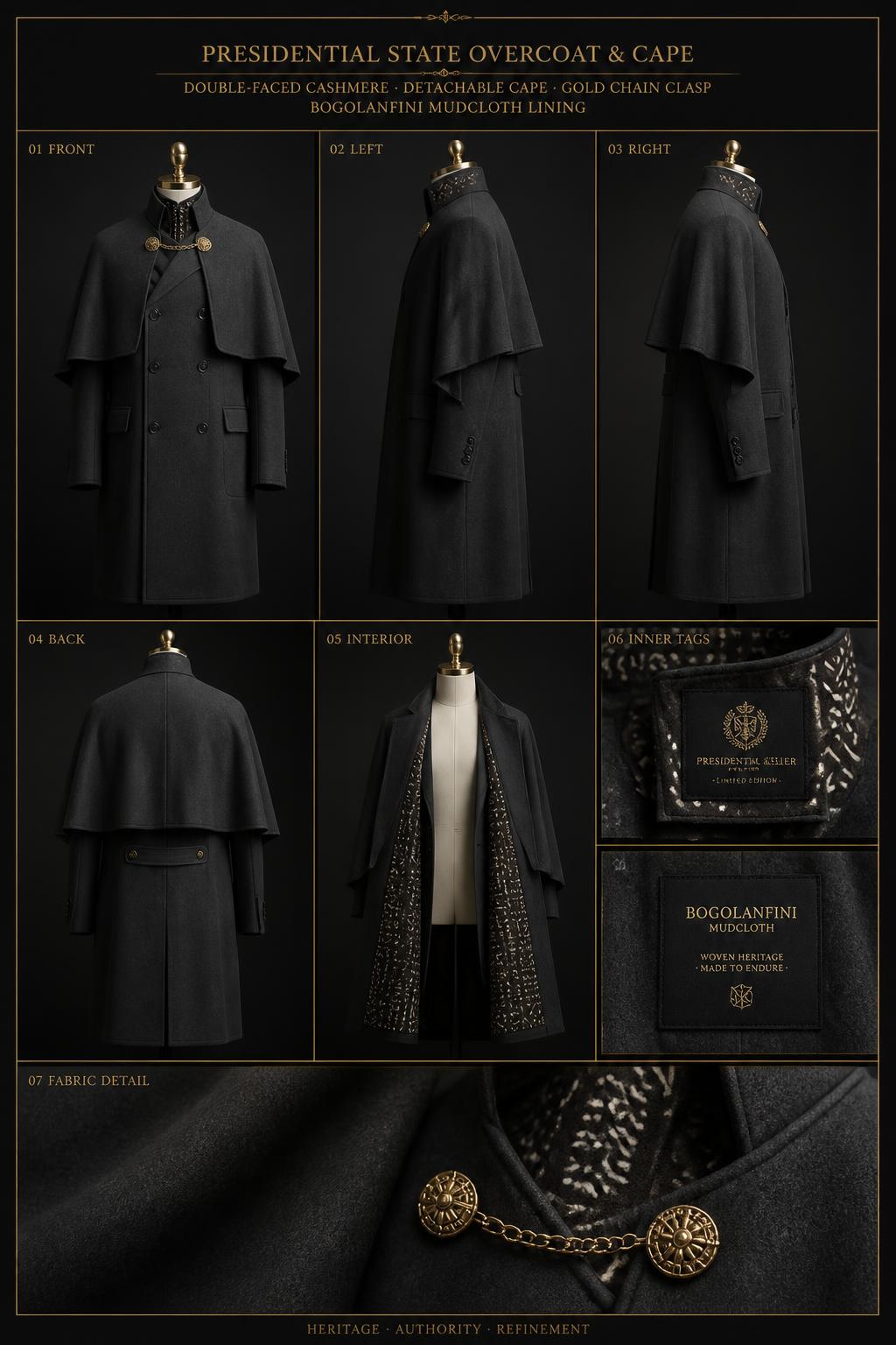 Présidentiel™ State Overcoat & Cape — Royalty · Head of State seven-view specification plate; showing 01 Front, 02 Left, 03 Right, 04 Back, 05 Interior, 06 Inner tags, 07 Fabric detail. — 01 Front, Charcoal State