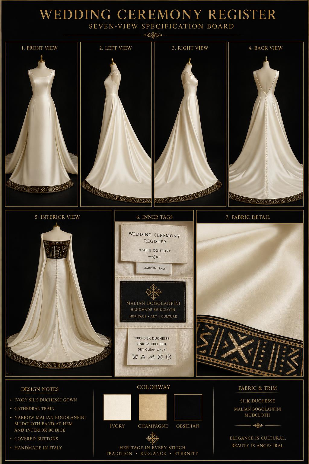 La Mariée™ Cathedral Gown — Wedding · Cérémonie seven-view specification plate; showing 01 Front, 02 Left, 03 Right, 04 Back, 05 Interior, 06 Inner tags, 07 Fabric detail. — 01 Front, Winter Ivory