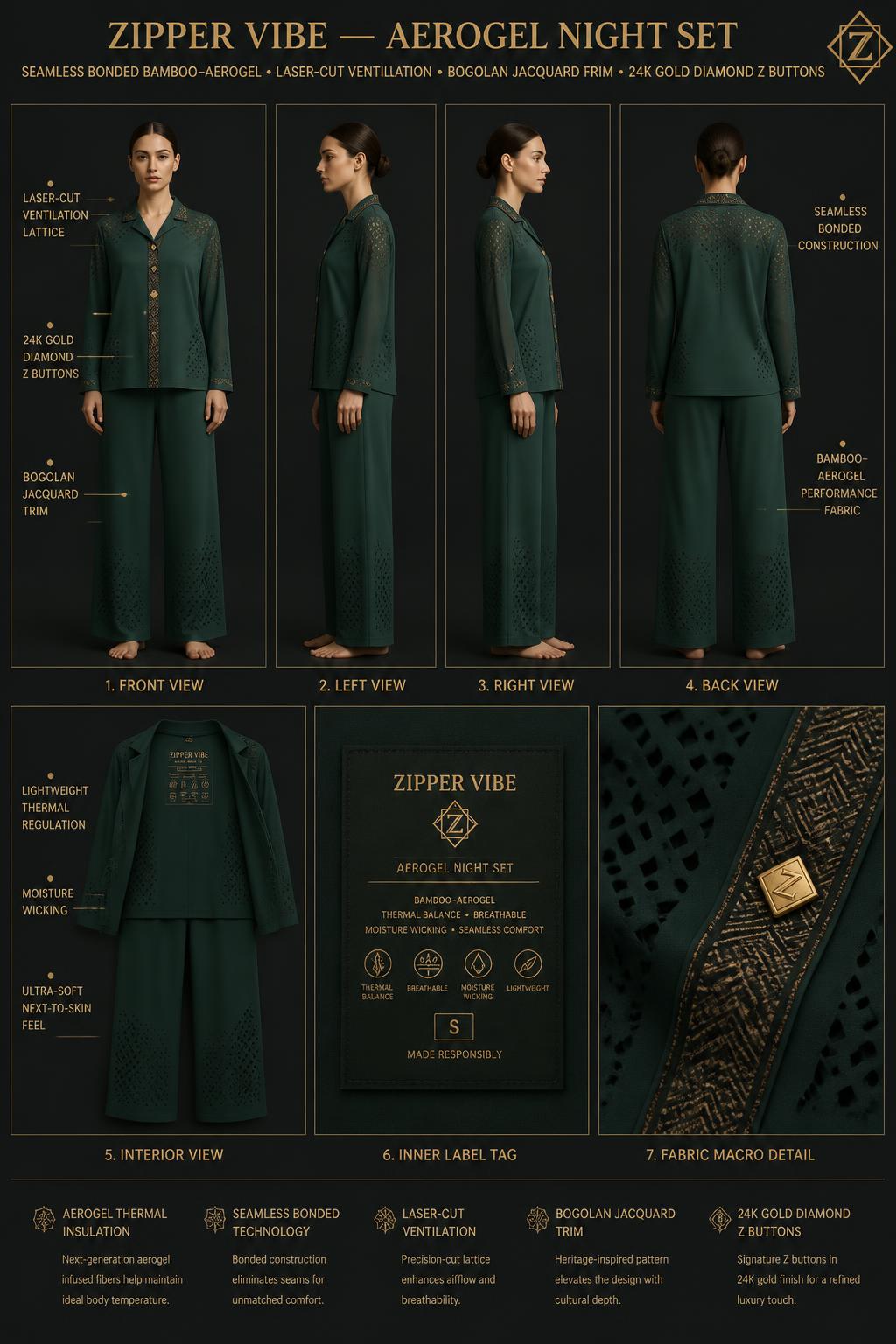 Z-VIBE Aerogel Night Set™ — Women · Nightwear seven-view specification plate; showing 01 Front, 02 Left, 03 Right, 04 Back, 05 Interior, 06 Inner tags, 07 Fabric detail. — 01 Front, Emerald Night
