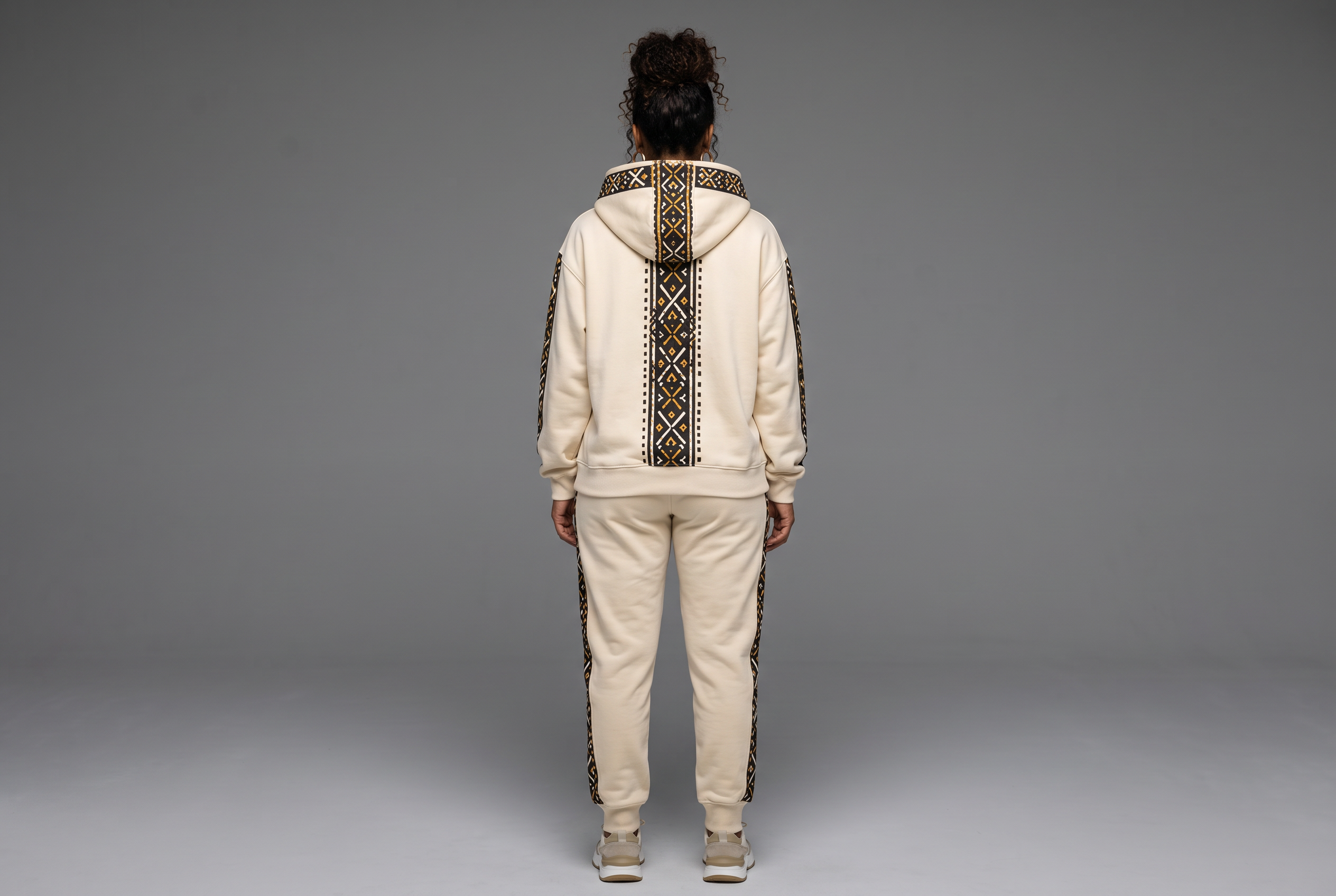 Bogolan Hoodie Set · Pearl Ivory — Women, 04 Back (view 4 of 7). Back view: yoke, centre seam and the hem finish.