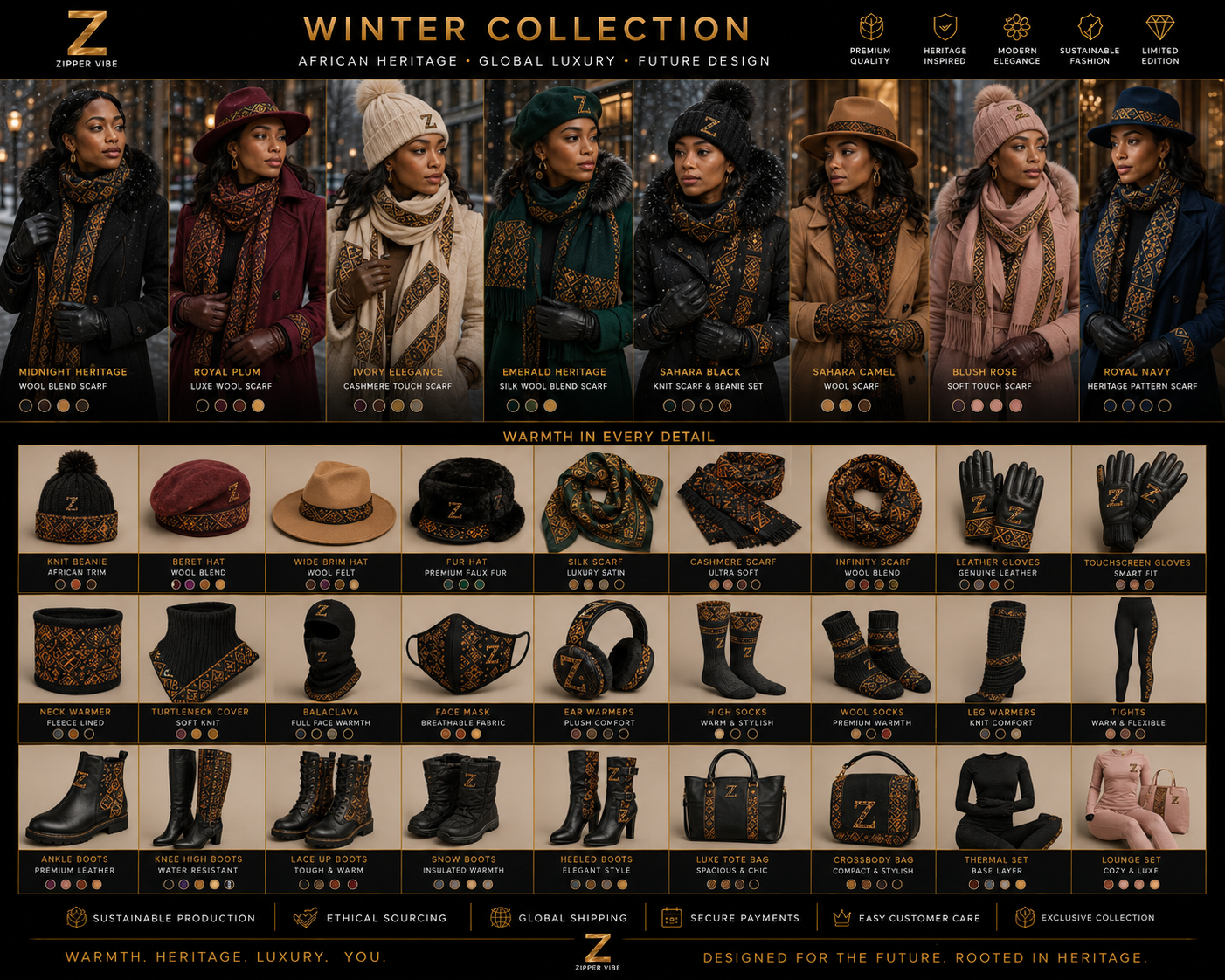 Zipper Vibe winter board with eight heritage scarf looks and a grid of hats, gloves, boots and thermal accessories