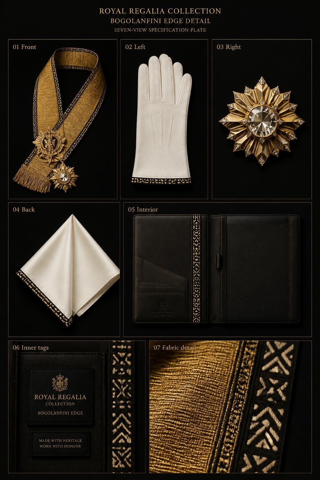 Royalty™ Regalia Set — Royalty · Regalia seven-view specification plate; showing 01 Front, 02 Left, 03 Right, 04 Back, 05 Interior, 06 Inner tags, 07 Fabric detail. — 01 Front, Bullion Gold