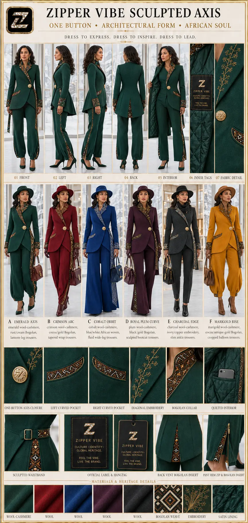 01 Front — Sculpted Axis — Women · Architectural Tailoring seven-view specification plate; showing 01 Front, 02 Left, 03 Right, 04 Back, 05 Interior, 06 Inner tags, 07 Fabric detail; made in Wool-cashmere, Bogolan mudcloth weave, gold embroidery, satin lining; shown in Emerald Axis, Crimson Arc, Cobalt Orbit, Royal Plum Curve, Charcoal Edge, Marigold Rise.
