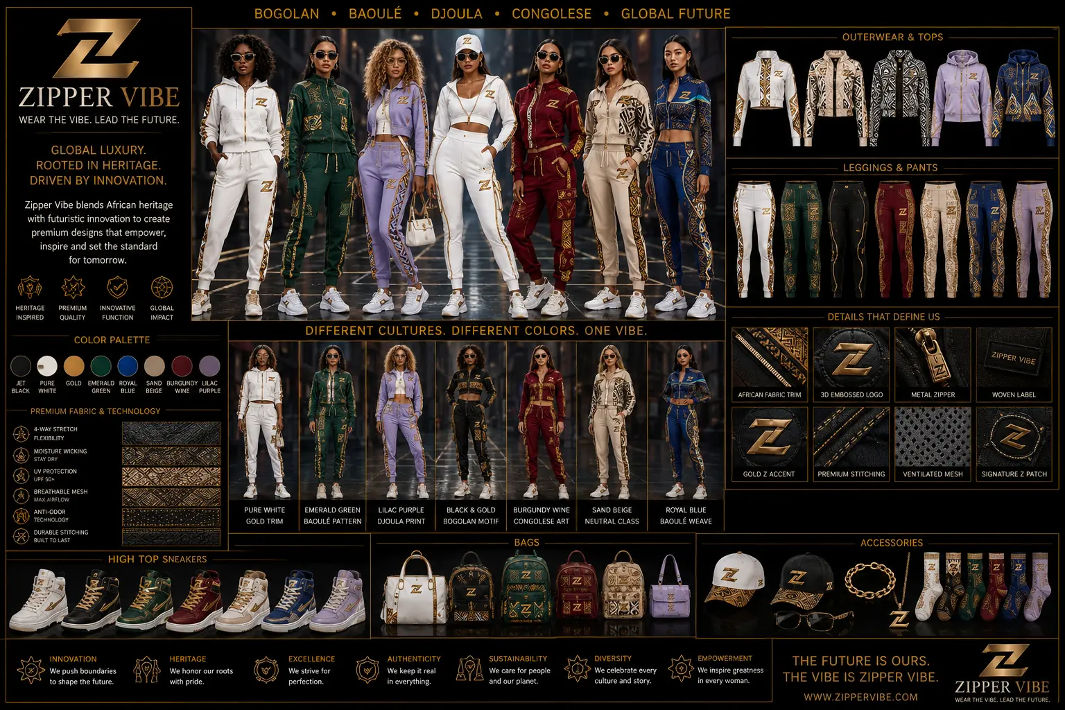 Heritage tracksuits, outerwear, leggings and accessories in white, emerald, lilac, burgundy and royal blue