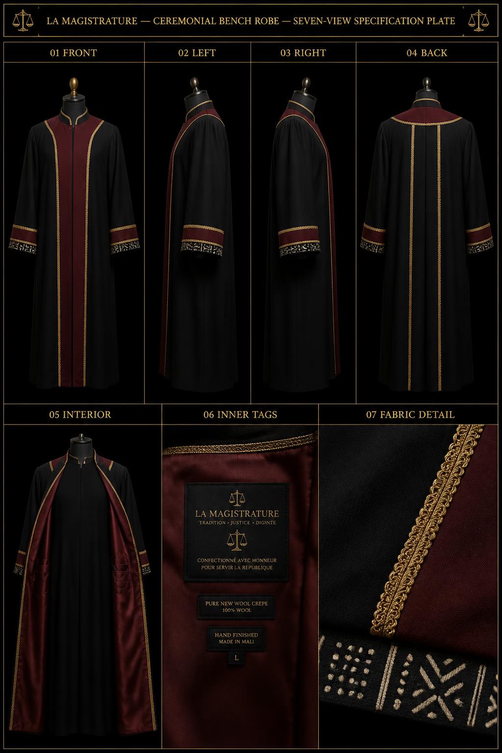 01 Front — Magistrature™ Ceremonial Bench Robe — Magistrature · The Bench seven-view specification plate; showing 01 Front, 02 Left, 03 Right, 04 Back, 05 Interior, 06 Inner tags, 07 Fabric detail; made in Pure new wool crepe, burgundy silk facing, hand-laid gold braid, Bogolan mudcloth cuff band; shown in Bench Noir, Burgundy Court, Midnight Gold, Sable Noir.