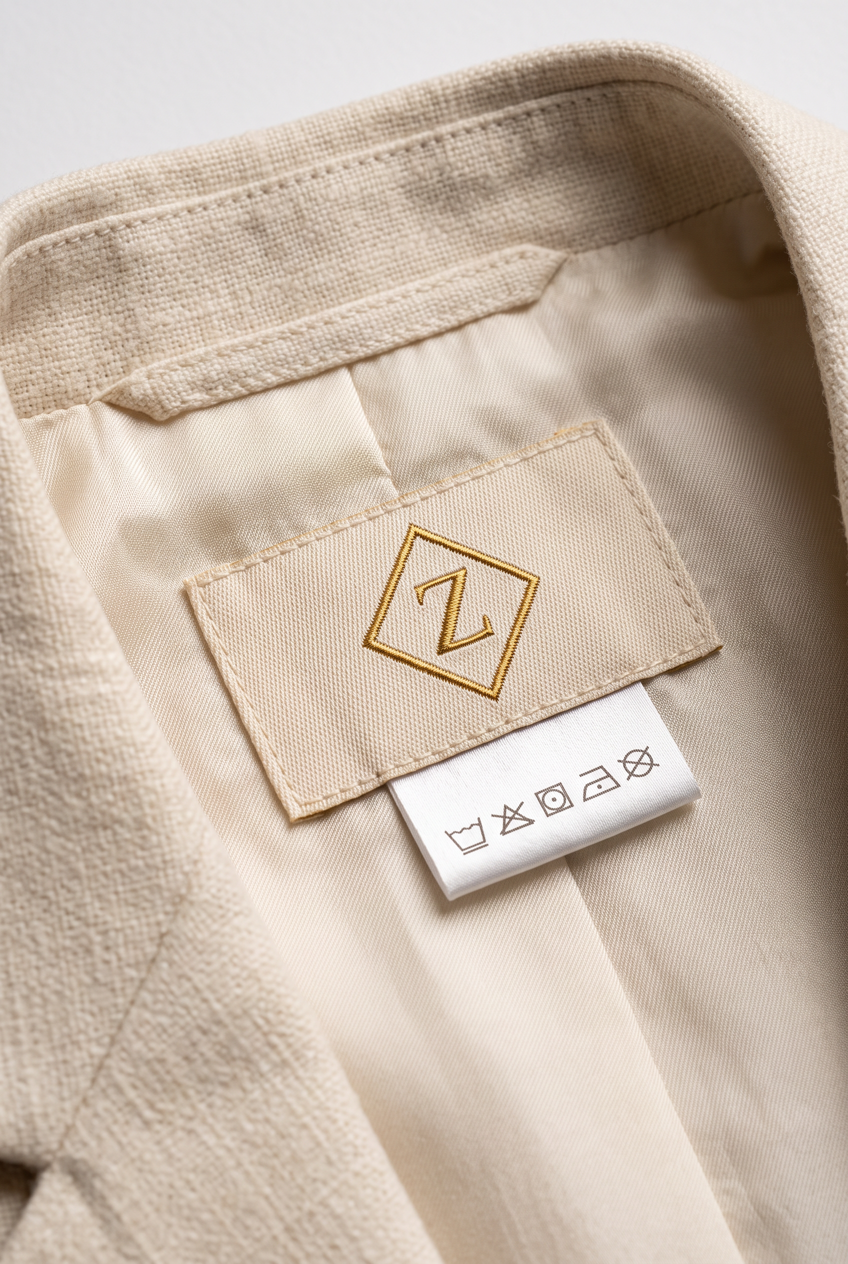 Bogolan Prestige Suit · Ivory Heritage — Men, 06 Inner tags (view 6 of 7). Inner tags: size scale, atelier reference and care instructions.