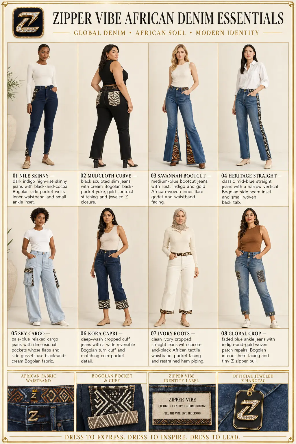 African Denim Essentials — Women · Denim seven-view specification plate; showing 01 Front, 02 Left, 03 Right, 04 Back, 05 Interior, 06 Inner tags, 07 Fabric detail.
