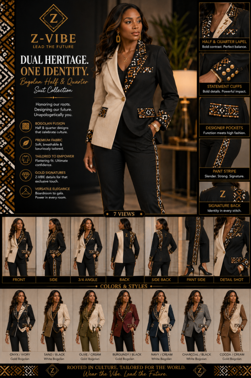 Dual Heritage™ Half & Quarter Bogolan mudcloth Suit — Women · Tailoring seven-view specification plate; showing 01 Front, 02 Left, 03 Right, 04 Back, 05 Interior, 06 Inner tags, 07 Fabric detail. — 01 Front, Onyx / Ivory