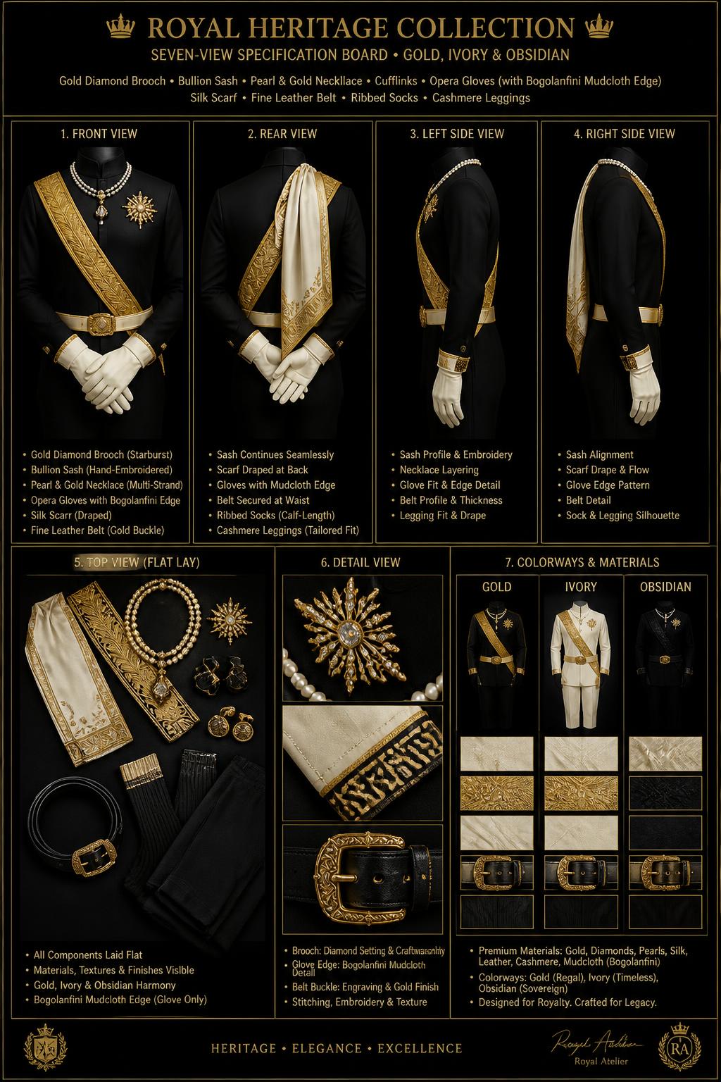 Royalty™ Bijoux & Accessoires — Royalty · Regalia seven-view specification plate; showing 01 Front, 02 Left, 03 Right, 04 Back, 05 Interior, 06 Inner tags, 07 Fabric detail. — 01 Front, Bullion Gold
