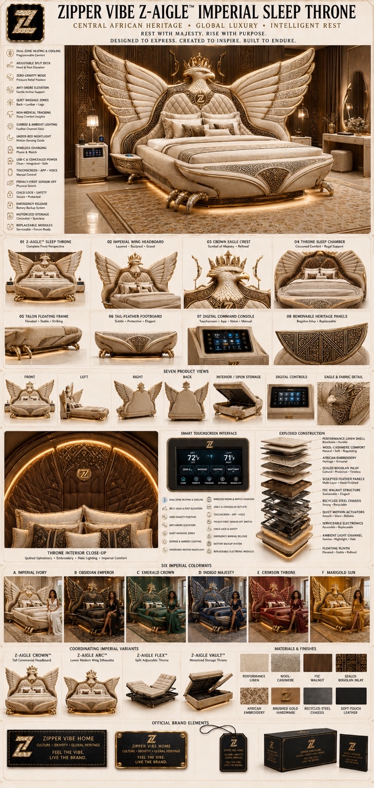 Z-Aigle™ Imperial Sleep Throne — Home · Central African Heritage seven-view specification plate; showing 01 Front, 02 Left, 03 Right, 04 Back, 05 Interior, 06 Inner tags, 07 Fabric detail; made in Performance linen shell, wool-cashmere, sculpted feather panels, FSC walnut; shown in Imperial Ivory, Obsidian Emperor, Emerald Crown, Indigo Majesty, Crimson Throne, Marigold Sun.