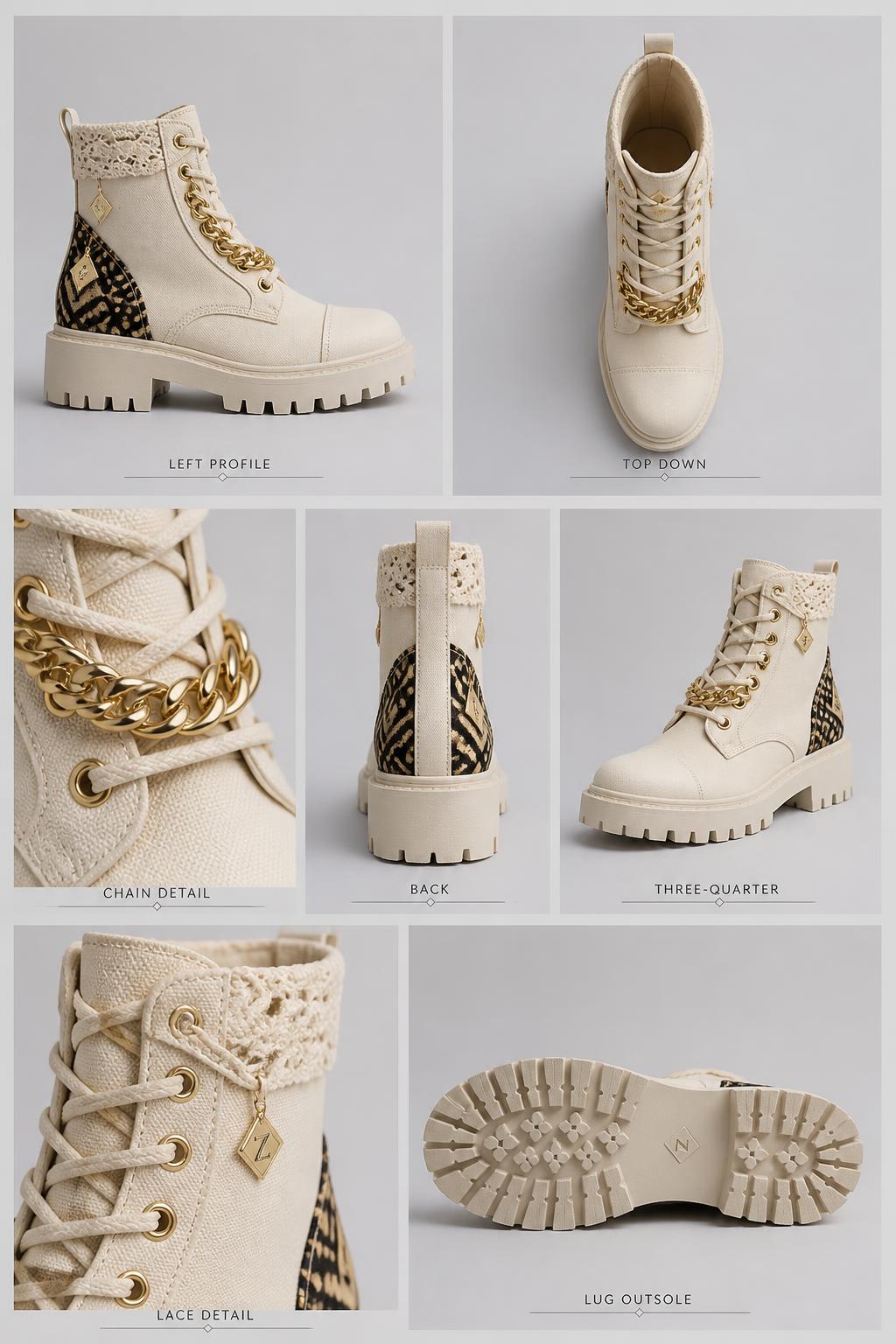 Z-Vibe Uplifting Sole™ Lug Boot — Women · Footwear seven-view specification plate; showing 01 Front, 02 Left, 03 Right, 04 Back, 05 Interior, 06 Inner tags, 07 Fabric detail; made in Cream cotton canvas, Bogolan mudcloth heel, crochet trim, moulded lug rubber; shown in Cream Mud, Sable Mud, Indigo Mud, Ochre Earth, Obsidian Gold, Ivory Lug.