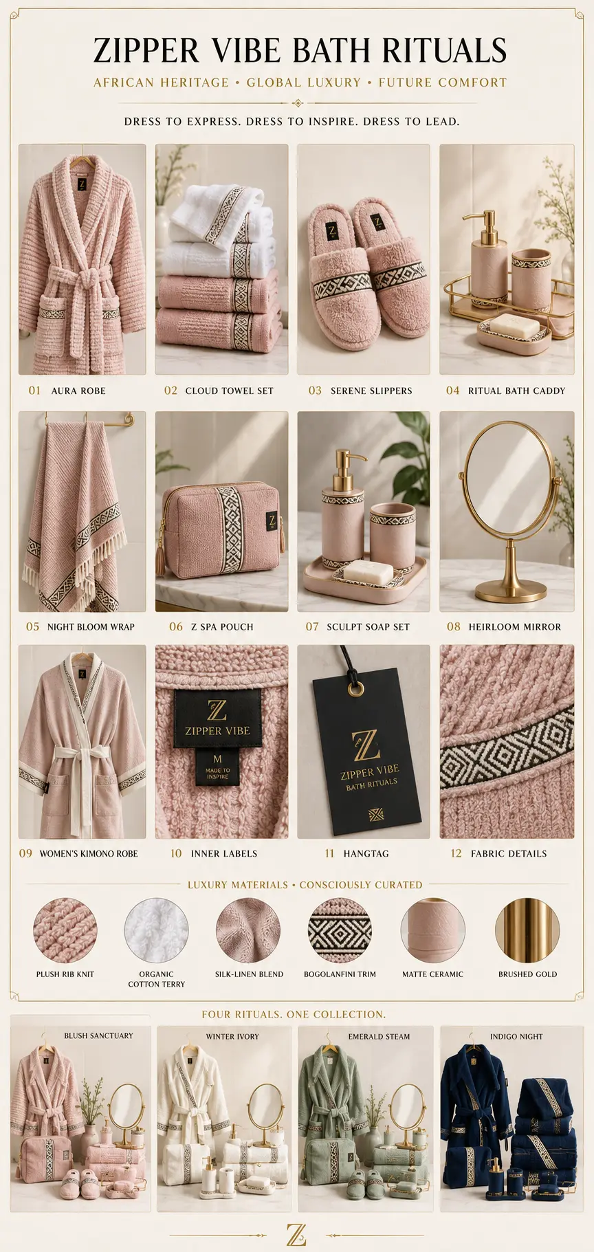 Z-VIBE Bath Rituals™ — Home · Nightwear & Bath seven-view specification plate; showing 01 Front, 02 Left, 03 Right, 04 Back, 05 Interior, 06 Inner tags, 07 Fabric detail. — 01 Front, Blush Sanctuary