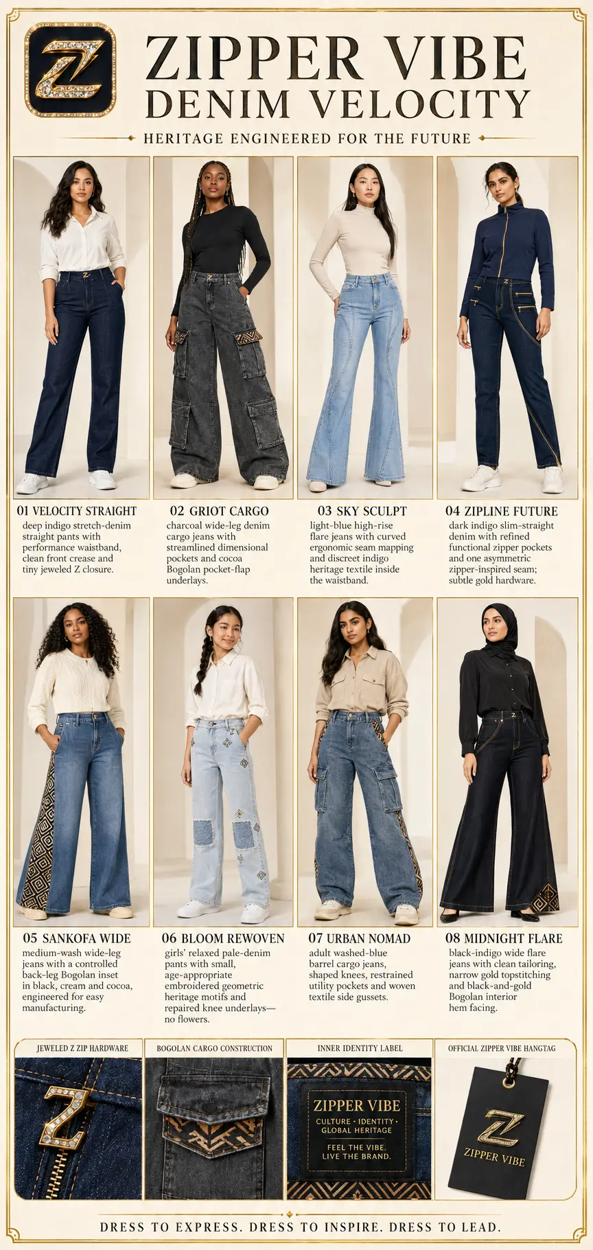 Denim Velocity — Women · Denim seven-view specification plate; showing 01 Front, 02 Left, 03 Right, 04 Back, 05 Interior, 06 Inner tags, 07 Fabric detail.