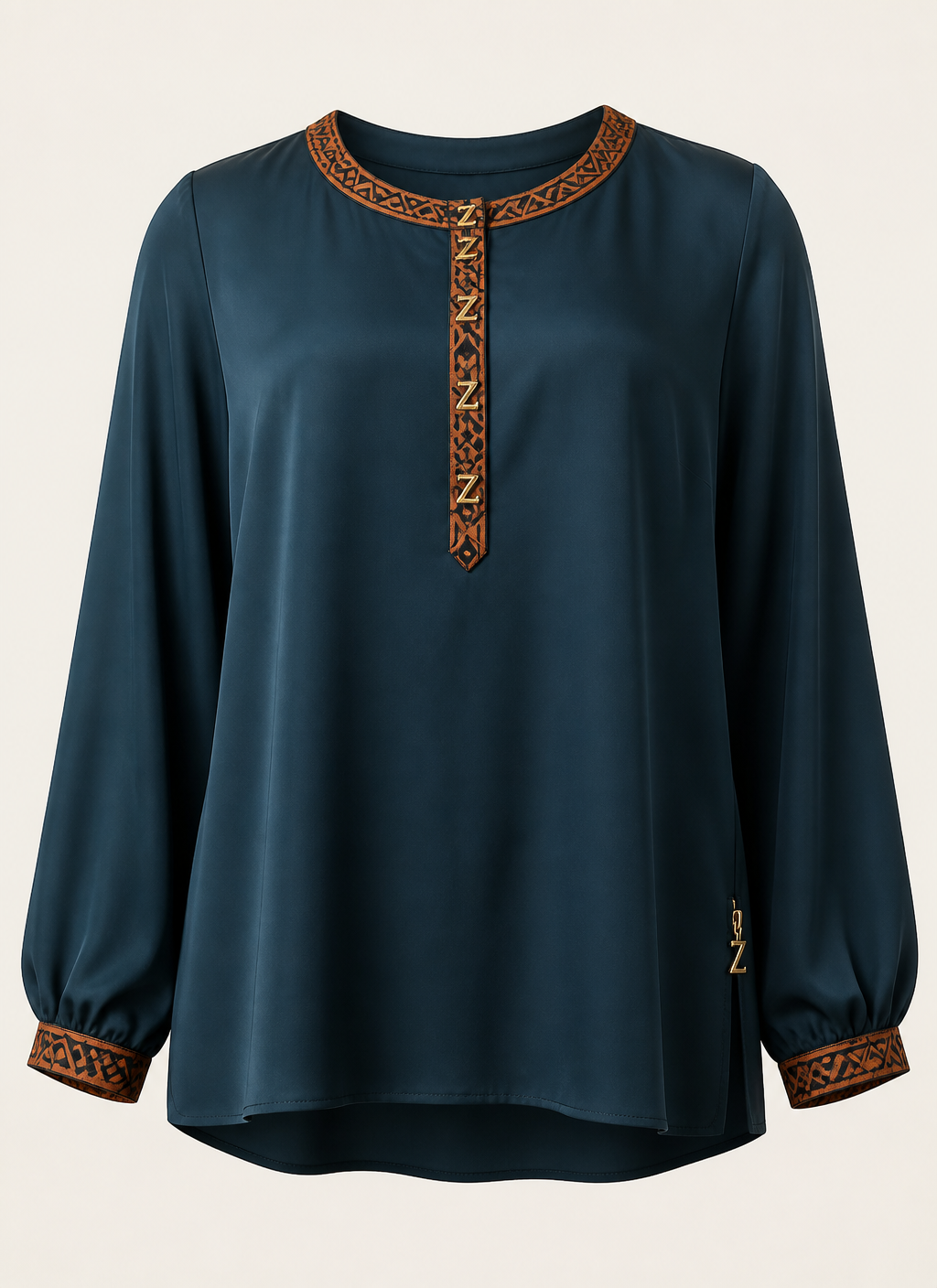 Courage Office Blouse — Women — House · Z-Vibe Signature Collection seven-view specification plate; showing 01 Front, 02 Left, 03 Right, 04 Back, 05 Interior, 06 Inner tags, 07 Fabric detail. — 01 Front, Indigo Teal