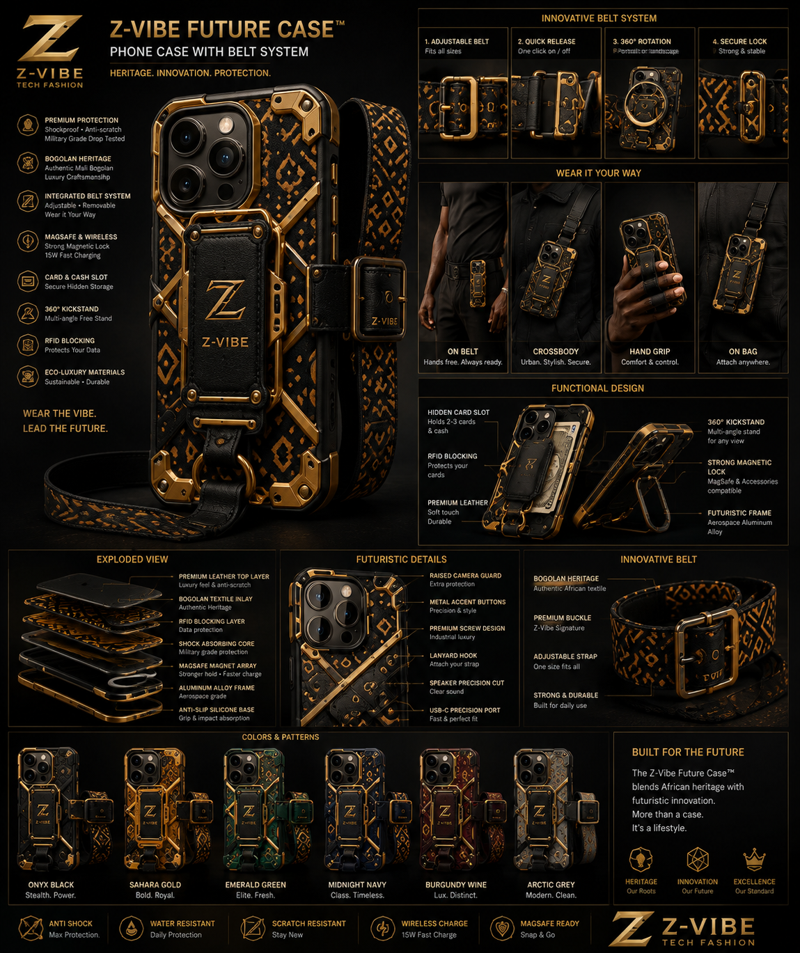 Aurea Future Case — Women — House · Z-Vibe Aurea seven-view specification plate; showing 01 Front, 02 Left, 03 Right, 04 Back, 05 Interior, 06 Inner tags, 07 Fabric detail. — 01 Front, Onyx Black / Gold