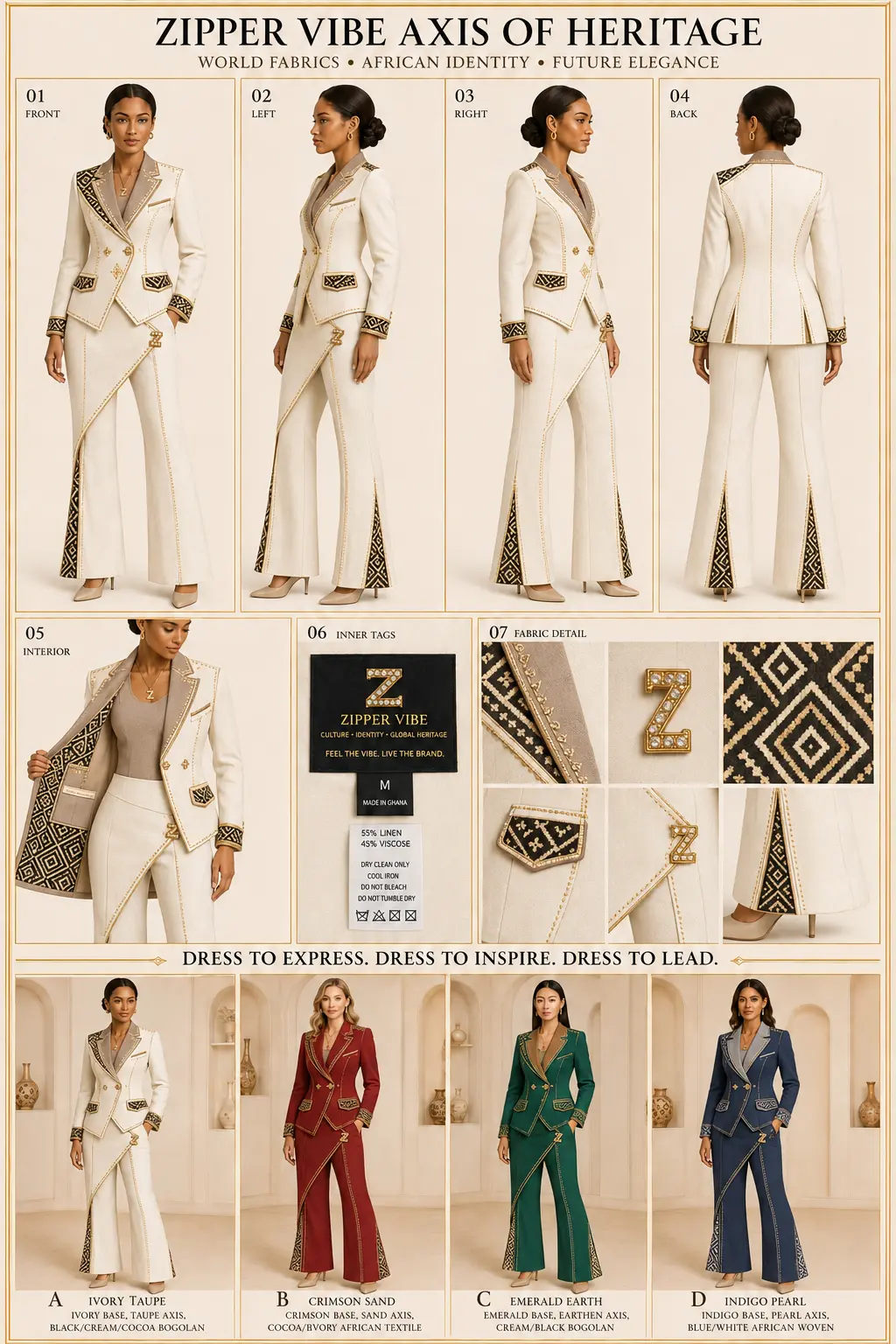 Axis of Heritage Blazer — Women · Tailoring seven-view specification plate; showing 01 Front, 02 Left, 03 Right, 04 Back, 05 Interior, 06 Inner tags, 07 Fabric detail.