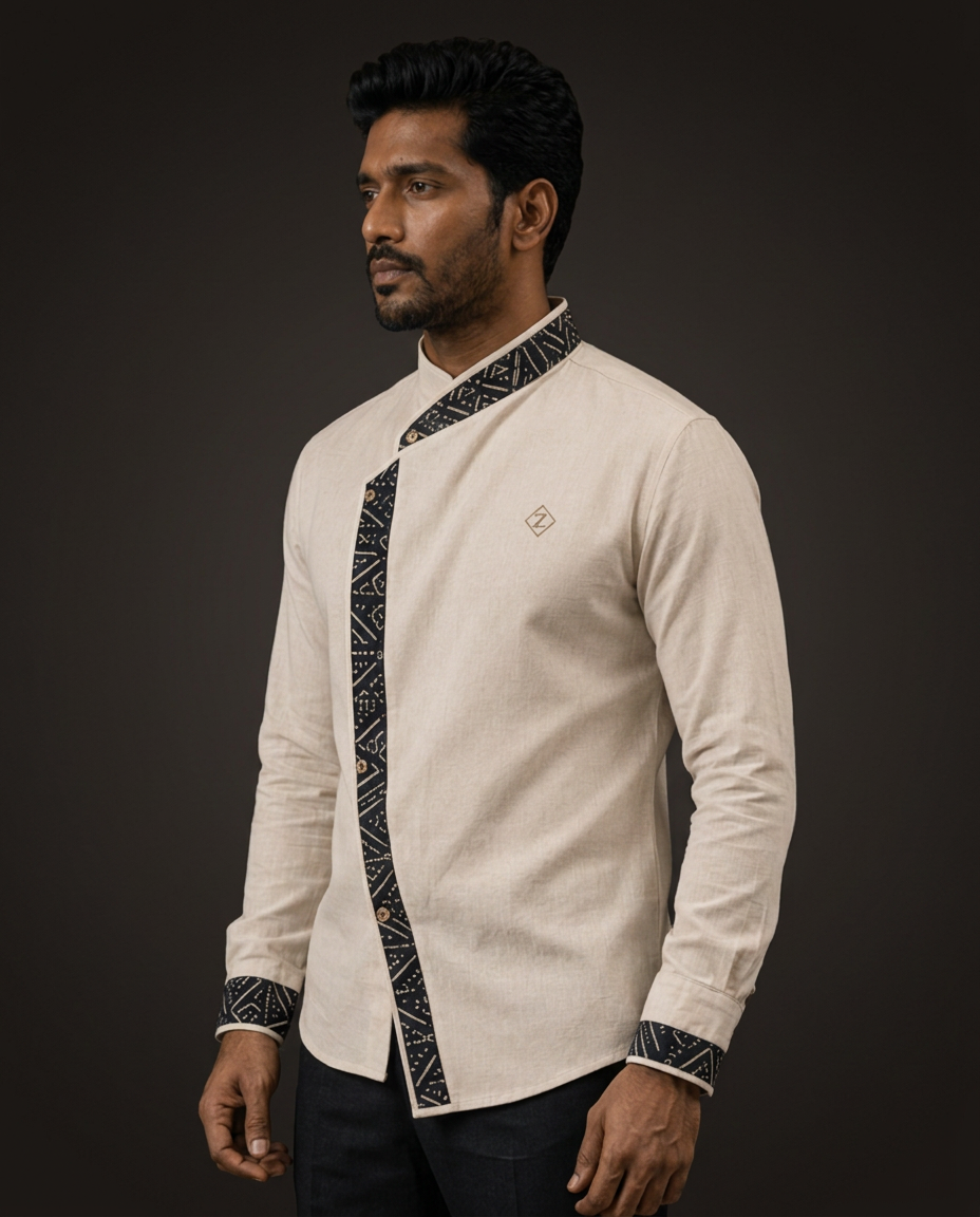 Natural Linen Asymmetric Shirt — Men, 02 Left (view 2 of 7). Left profile: shoulder line, sleeve fall and the outer seam trim.