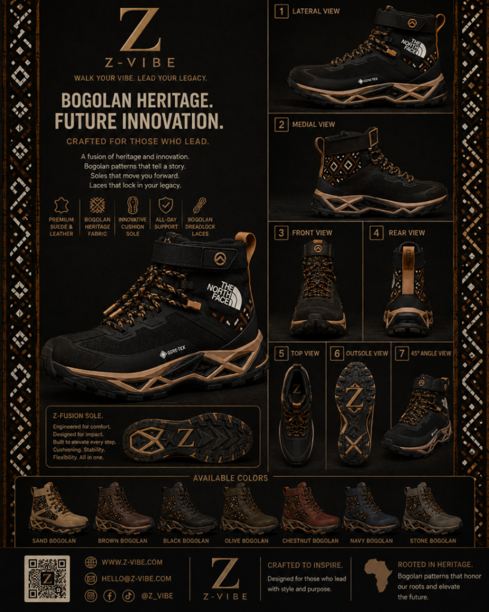 Bogolan mudcloth Summit Hiker™ — Men · Footwear seven-view specification plate; showing 01 Front, 02 Left, 03 Right, 04 Back, 05 Interior, 06 Inner tags, 07 Fabric detail. — 01 Front, Sand Bogolan mudcloth