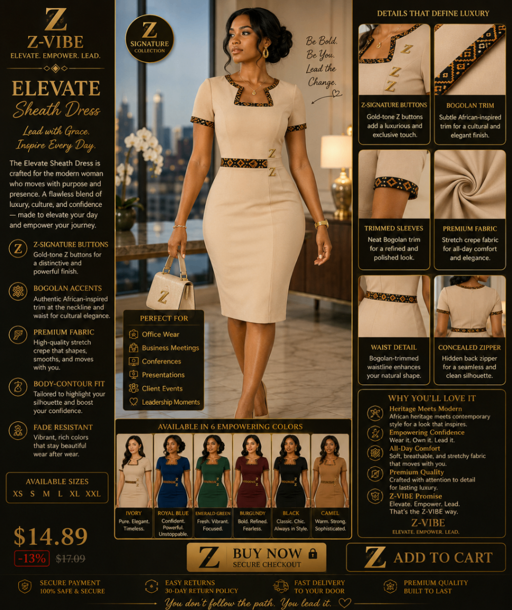 Elevate Sheath Dress — Women — House · Z-Vibe Signature Collection seven-view specification plate; showing 01 Front, 02 Left, 03 Right, 04 Back, 05 Interior, 06 Inner tags, 07 Fabric detail. — 01 Front, Ivory