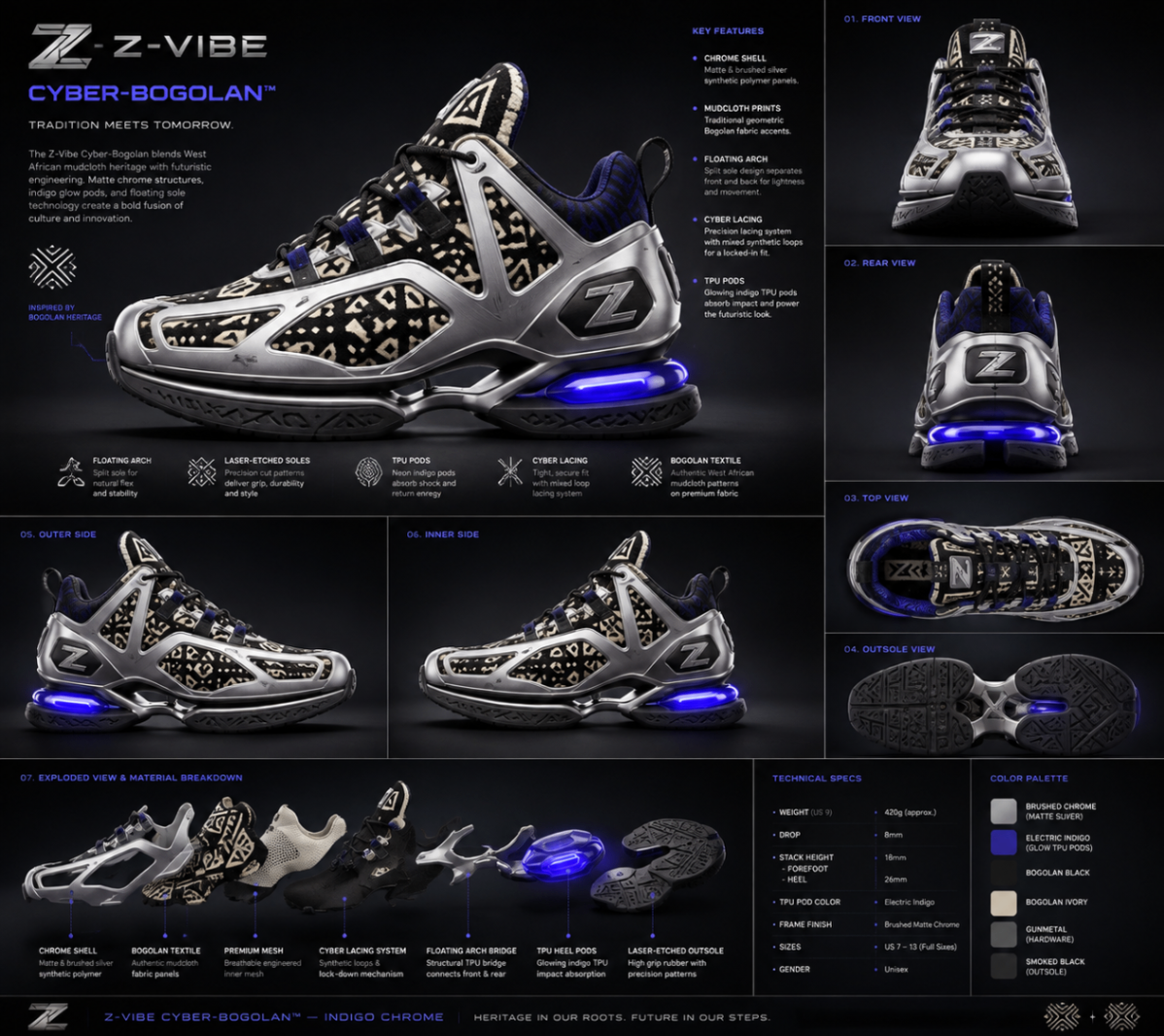 Cyber-Bogolan™ Runner — Indigo Chrome — Unisex · Performance Footwear seven-view specification plate; showing 01 Front, 02 Left, 03 Right, 04 Back, 05 Interior, 06 Inner tags, 07 Fabric detail. — 01 Front, Indigo Chrome