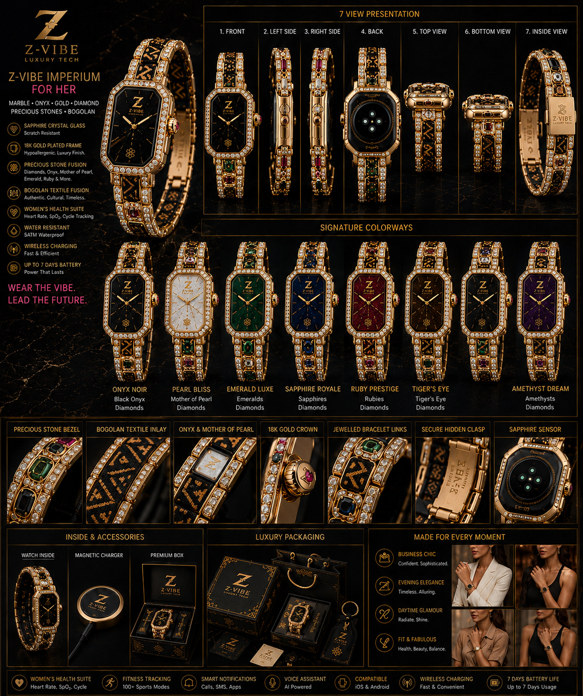 Imperium Diamond Pavé Bracelet Watch — Women — House · Z-Vibe Imperium seven-view specification plate; showing 01 Front, 02 Left, 03 Right, 04 Back, 05 Interior, 06 Inner tags, 07 Fabric detail. — 01 Front, Gold / Diamond Pavé
