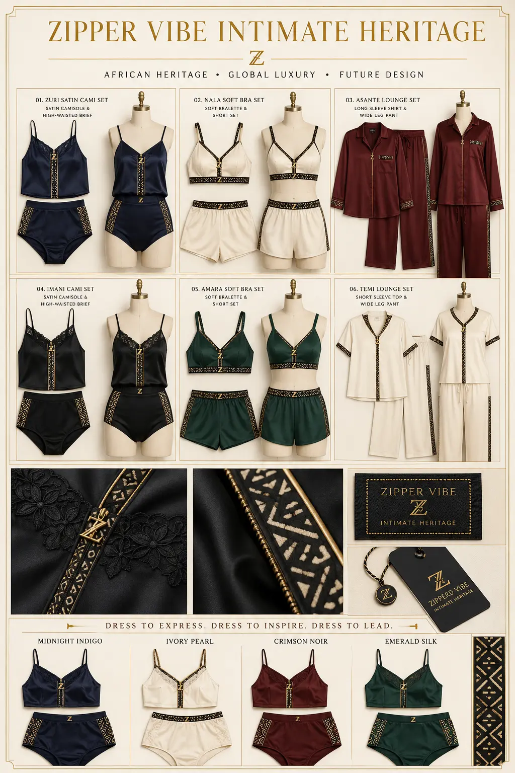 Z-VIBE Intimate Heritage™ Sets — Women · Nightwear seven-view specification plate; showing 01 Front, 02 Left, 03 Right, 04 Back, 05 Interior, 06 Inner tags, 07 Fabric detail. — 01 Front, Midnight Indigo