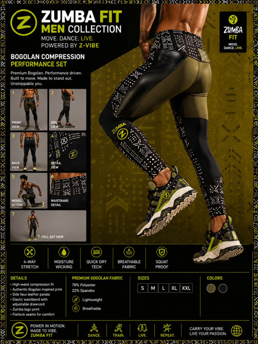 Men Bogolan Compression Performance Set — Women — House · Fit Dance seven-view specification plate; showing 01 Front, 02 Left, 03 Right, 04 Back, 05 Interior, 06 Inner tags, 07 Fabric detail. — 01 Front, Olive / Noir