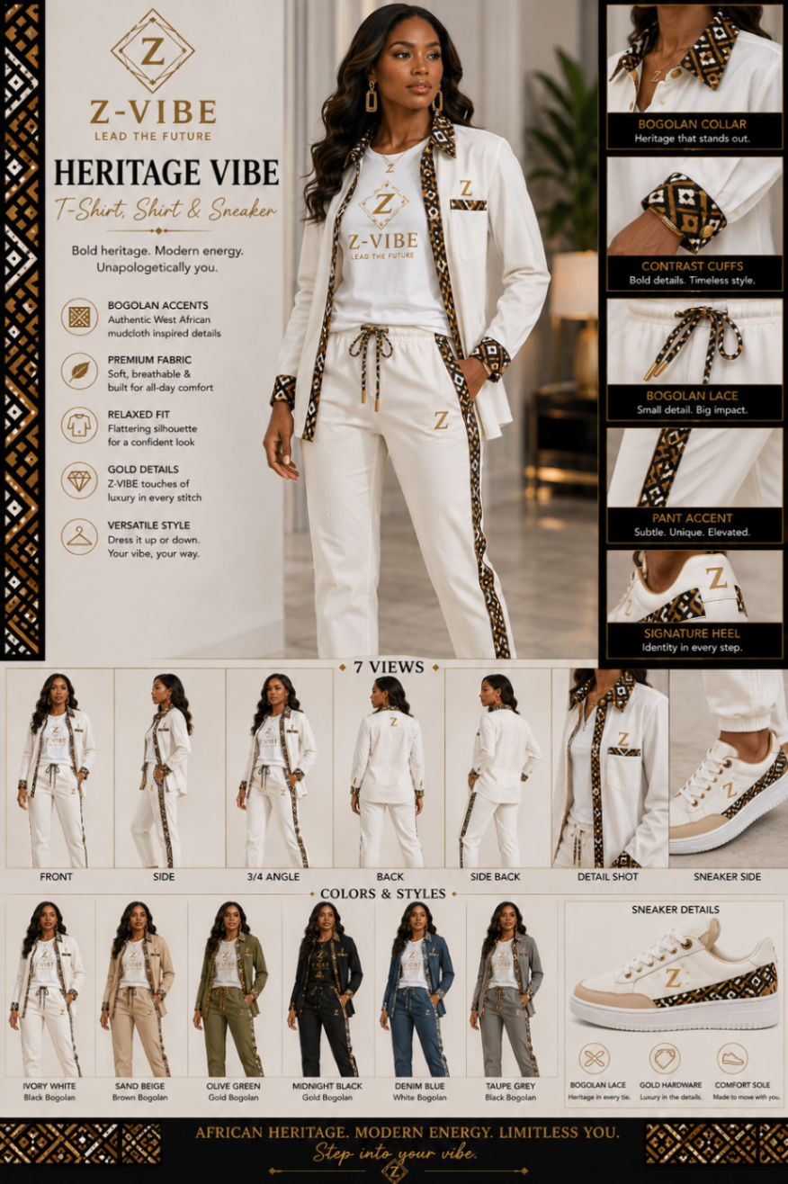Z-VIBE™ Heritage Ivory Blazer, Tee & Sneaker — Women · Signature Jersey seven-view specification plate; showing 01 Front, 02 Left, 03 Right, 04 Back, 05 Interior, 06 Inner tags, 07 Fabric detail. — 01 Front, Ivory White
