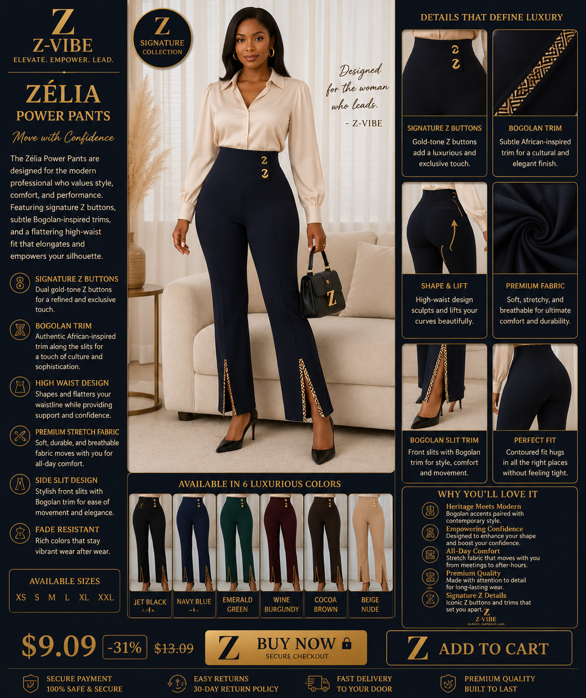 Zélia Power Pants — Women — House · Z-Vibe Signature Collection seven-view specification plate; showing 01 Front, 02 Left, 03 Right, 04 Back, 05 Interior, 06 Inner tags, 07 Fabric detail. — 01 Front, Jet Black