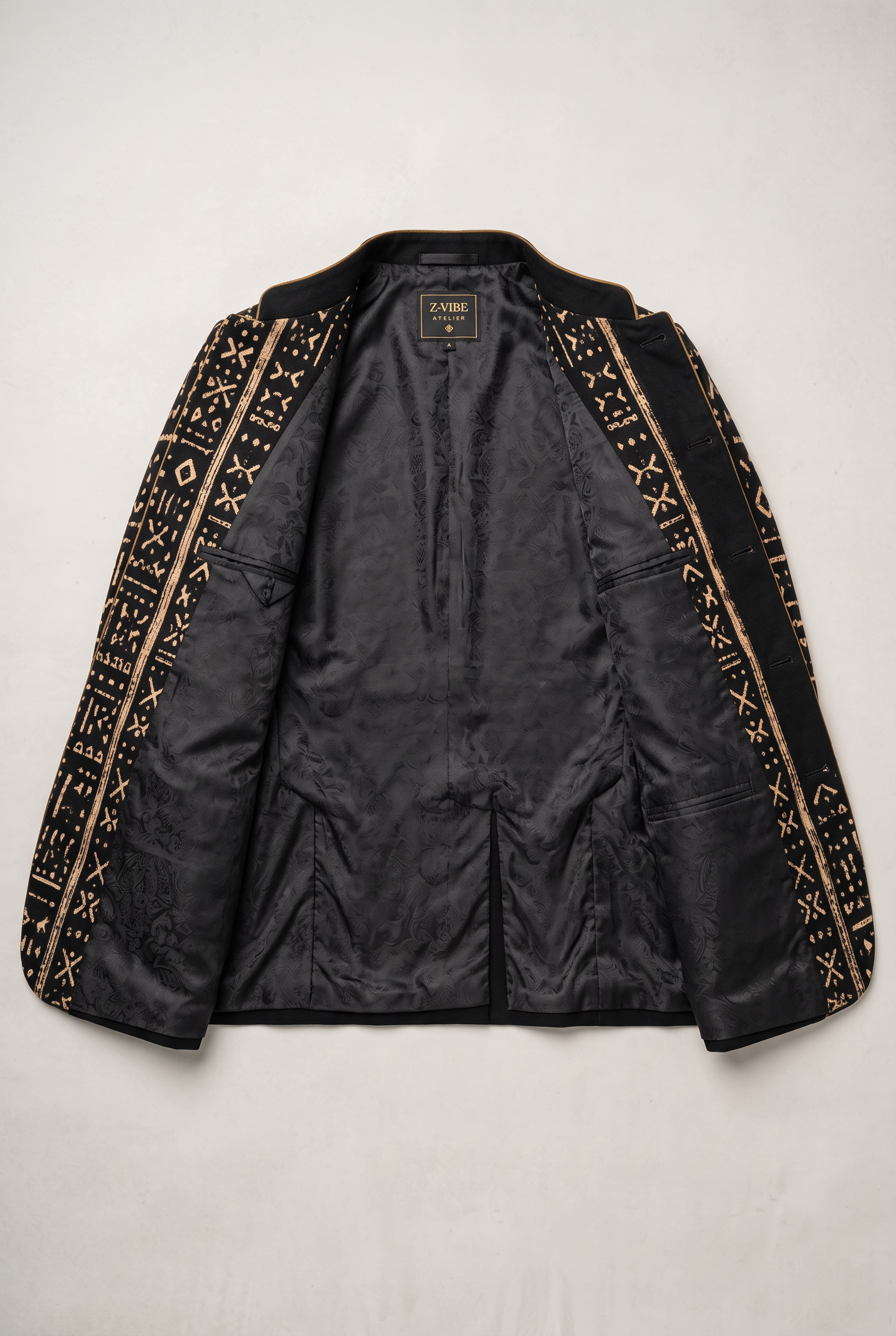 Bogolan Atelier Jacket · Onyx Black — Men, 05 Interior (view 5 of 7). Interior: lining, facings and the concealed closure.