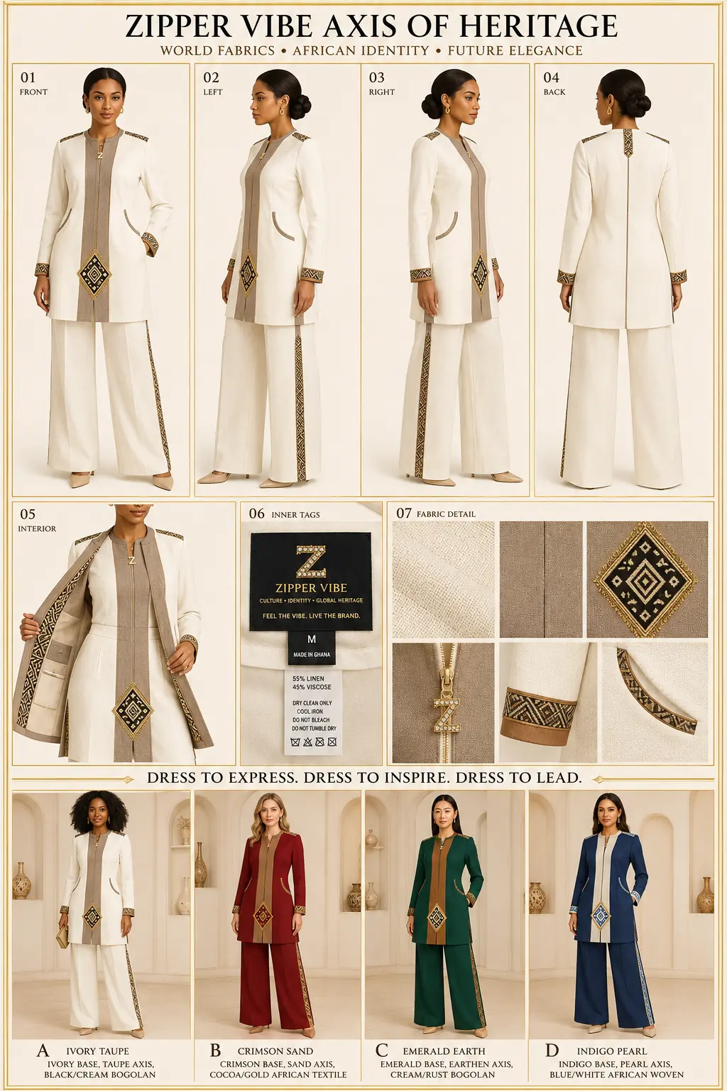 Axis of Heritage — Women · Linen seven-view specification plate; showing 01 Front, 02 Left, 03 Right, 04 Back, 05 Interior, 06 Inner tags, 07 Fabric detail.