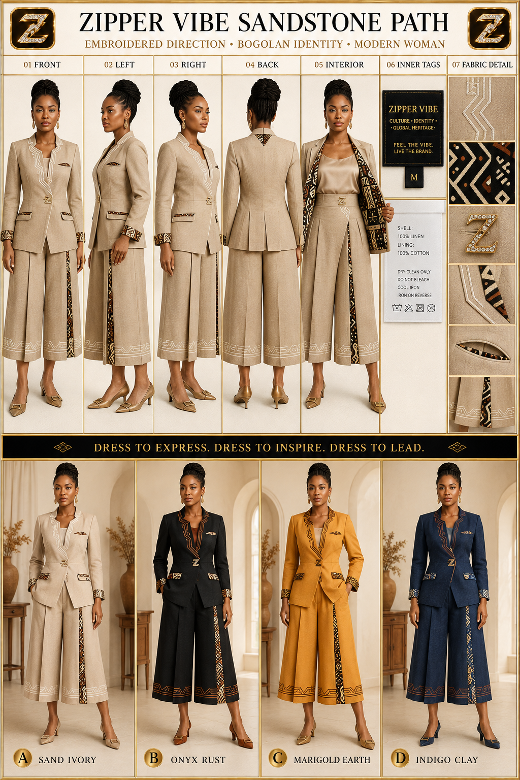 Zipper Vibe Sandstone Path seven-view board: sand linen blazer and pleated culottes shown front, left, right, back, interior, inner tags and fabric detail