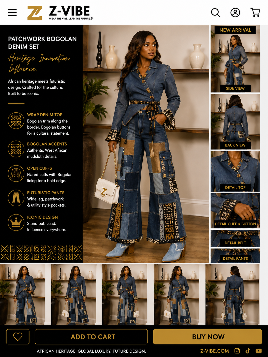 Patchwork Bogolan mudcloth™ Cargo Denim Set — Women · Denim seven-view specification plate; showing 01 Front, 02 Left, 03 Right, 04 Back, 05 Interior, 06 Inner tags, 07 Fabric detail. — 01 Front, Mid Indigo Patch