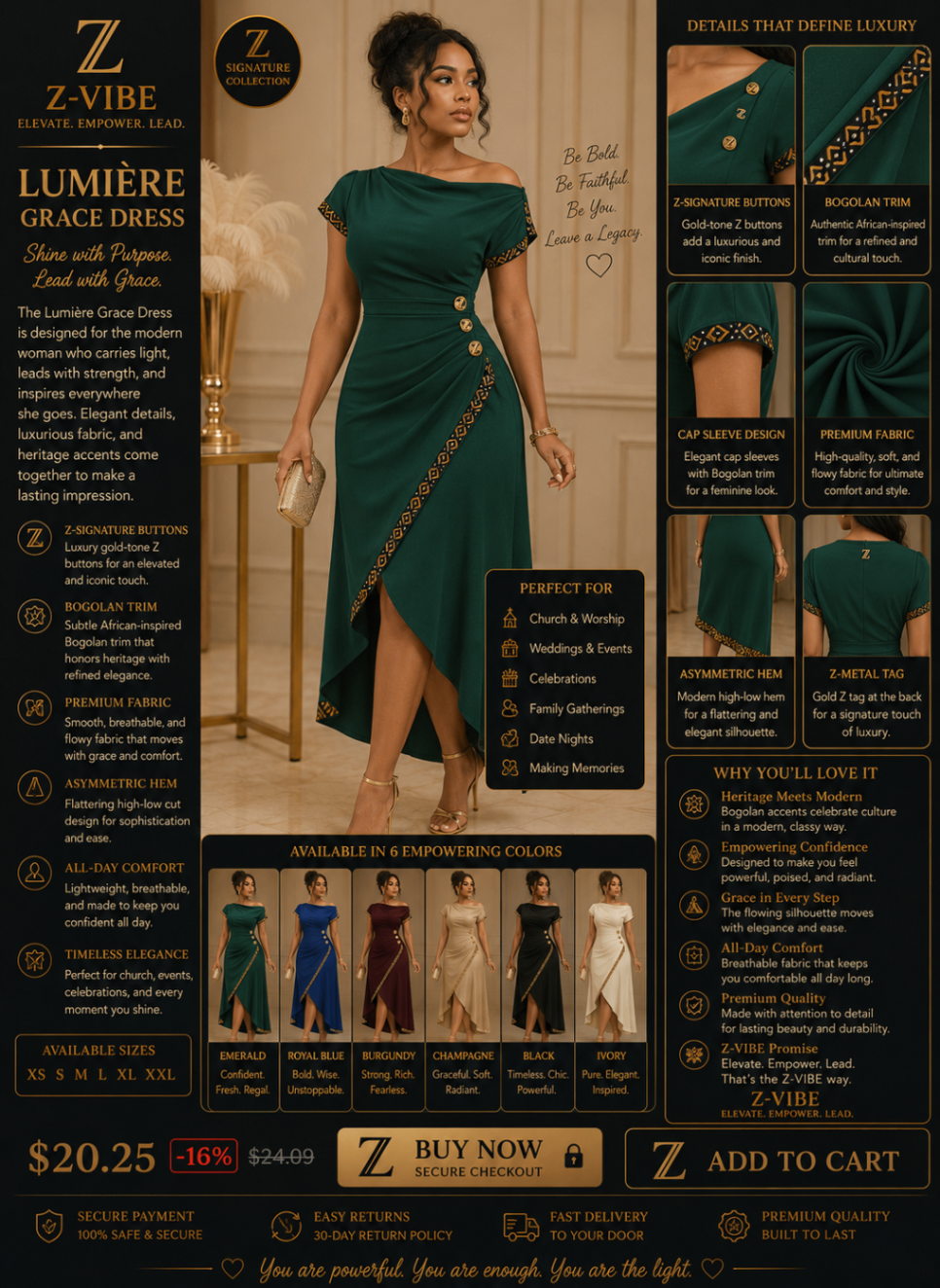 Lumière Grace Dress — Women — House · Z-Vibe Signature Collection seven-view specification plate; showing 01 Front, 02 Left, 03 Right, 04 Back, 05 Interior, 06 Inner tags, 07 Fabric detail. — 01 Front, Emerald