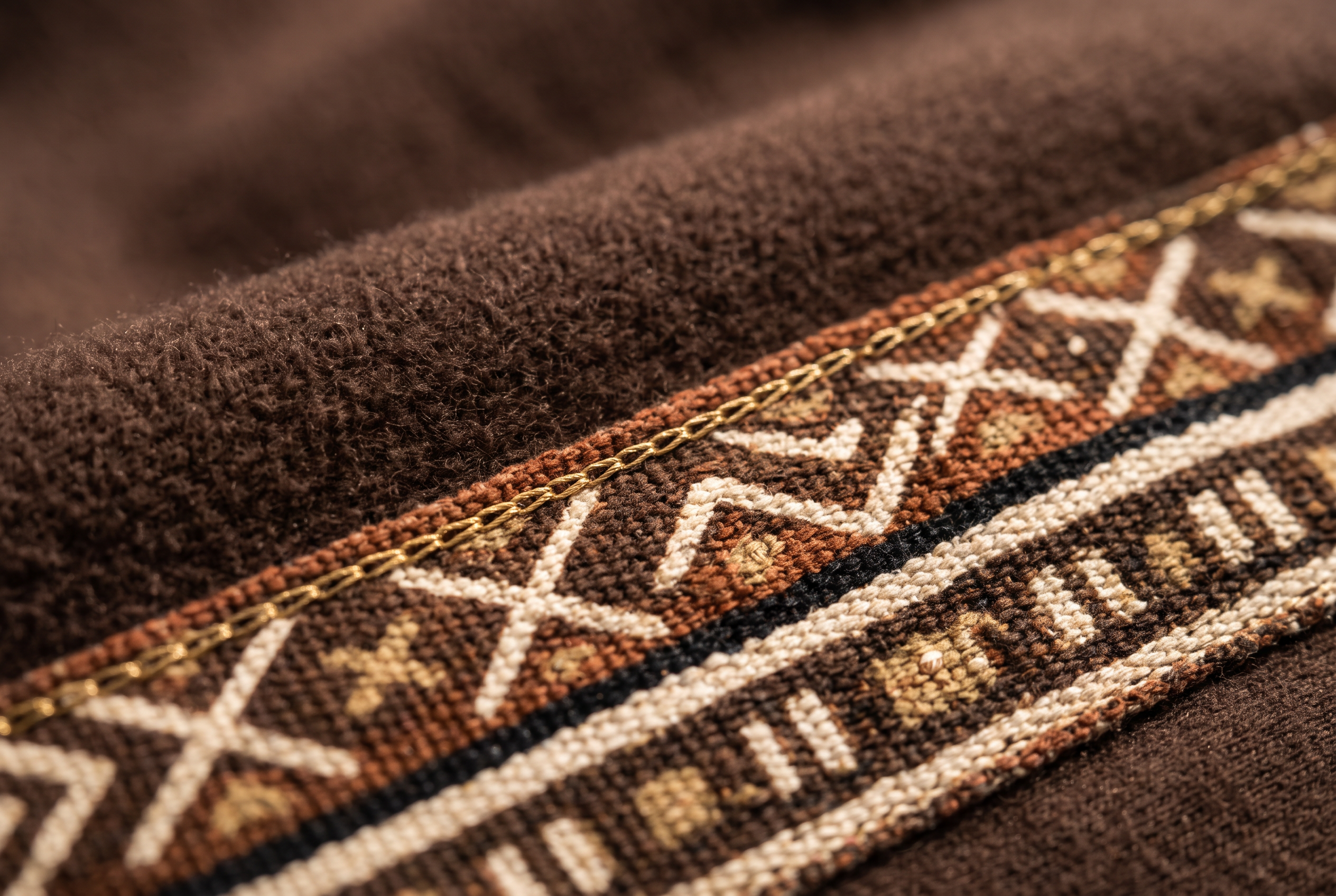 Bogolan Hoodie Set · Cocoa — Women, 07 Fabric detail (view 7 of 7). Fabric detail: close study of the cloth, hand-printed mudcloth motif and stitching.