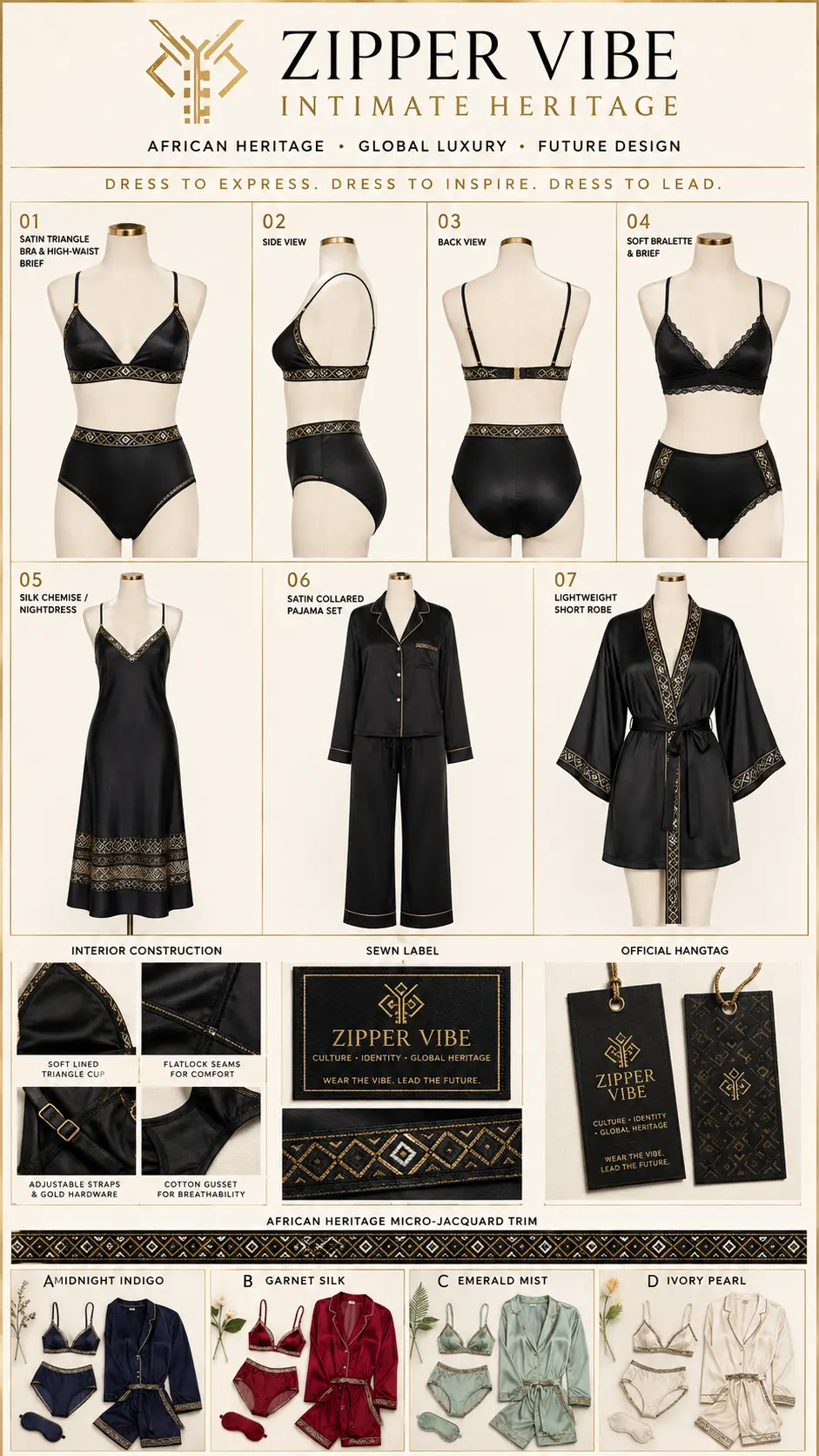 Z-VIBE Intimate Heritage™ — Women · Nightwear seven-view specification plate; showing 01 Front, 02 Left, 03 Right, 04 Back, 05 Interior, 06 Inner tags, 07 Fabric detail. — 01 Front, Midnight Indigo