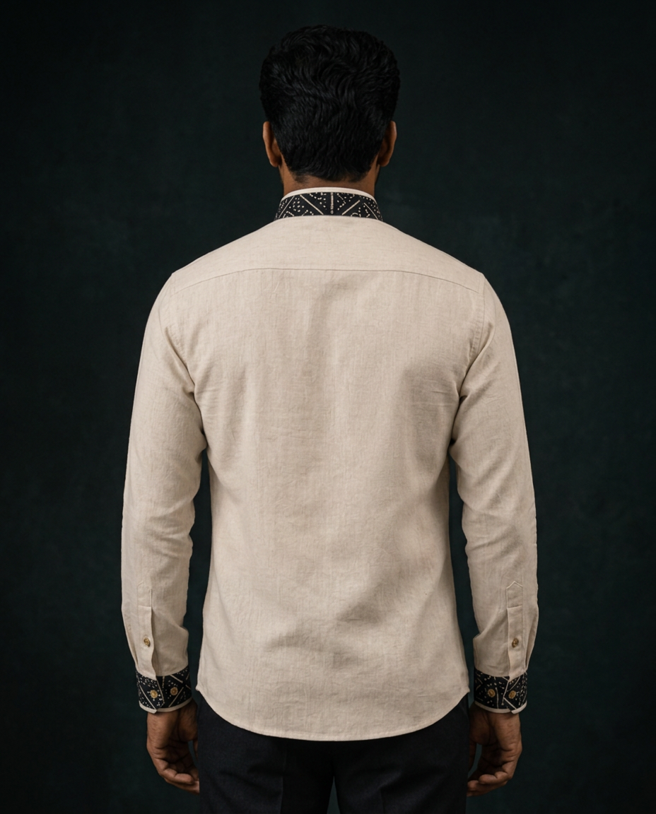 Natural Linen Asymmetric Shirt — Men, 04 Back (view 4 of 7). Back view: yoke, centre seam and the hem finish.