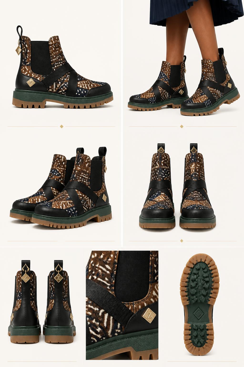 Z-Vibe Valor™ Bogolan mudcloth Boot — Women · Boots seven-view specification plate; showing 01 Front, 02 Left, 03 Right, 04 Back, 05 Interior, 06 Inner tags, 07 Fabric detail; made in Bogolan mudcloth, grained black leather, webbing straps, forest rubber lug sole; shown in Forest Gum, Obsidian Gold, Indigo Mud, Ochre Earth, Sable Cream, Crimson Sole.