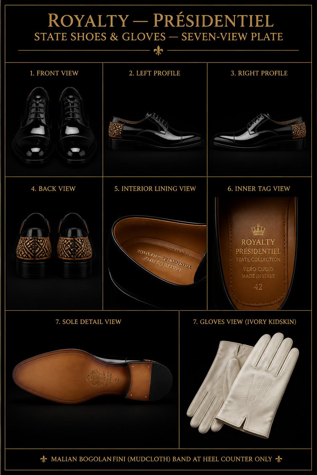 Présidentiel™ State Shoes & Gloves — Royalty · Regalia seven-view specification plate; showing 01 Front, 02 Left, 03 Right, 04 Back, 05 Interior, 06 Inner tags, 07 Fabric detail. — 01 Front, Obsidian Patent