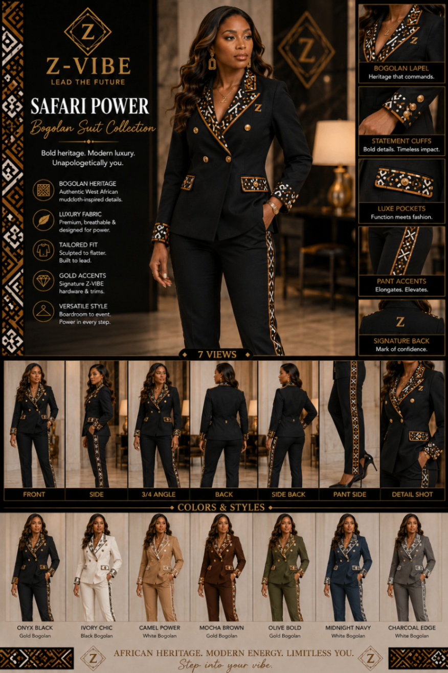 Safari Power™ Bogolan mudcloth Suit — Women · Tailoring seven-view specification plate; showing 01 Front, 02 Left, 03 Right, 04 Back, 05 Interior, 06 Inner tags, 07 Fabric detail. — 01 Front, Onyx Black / Gold Bogolan mudcloth