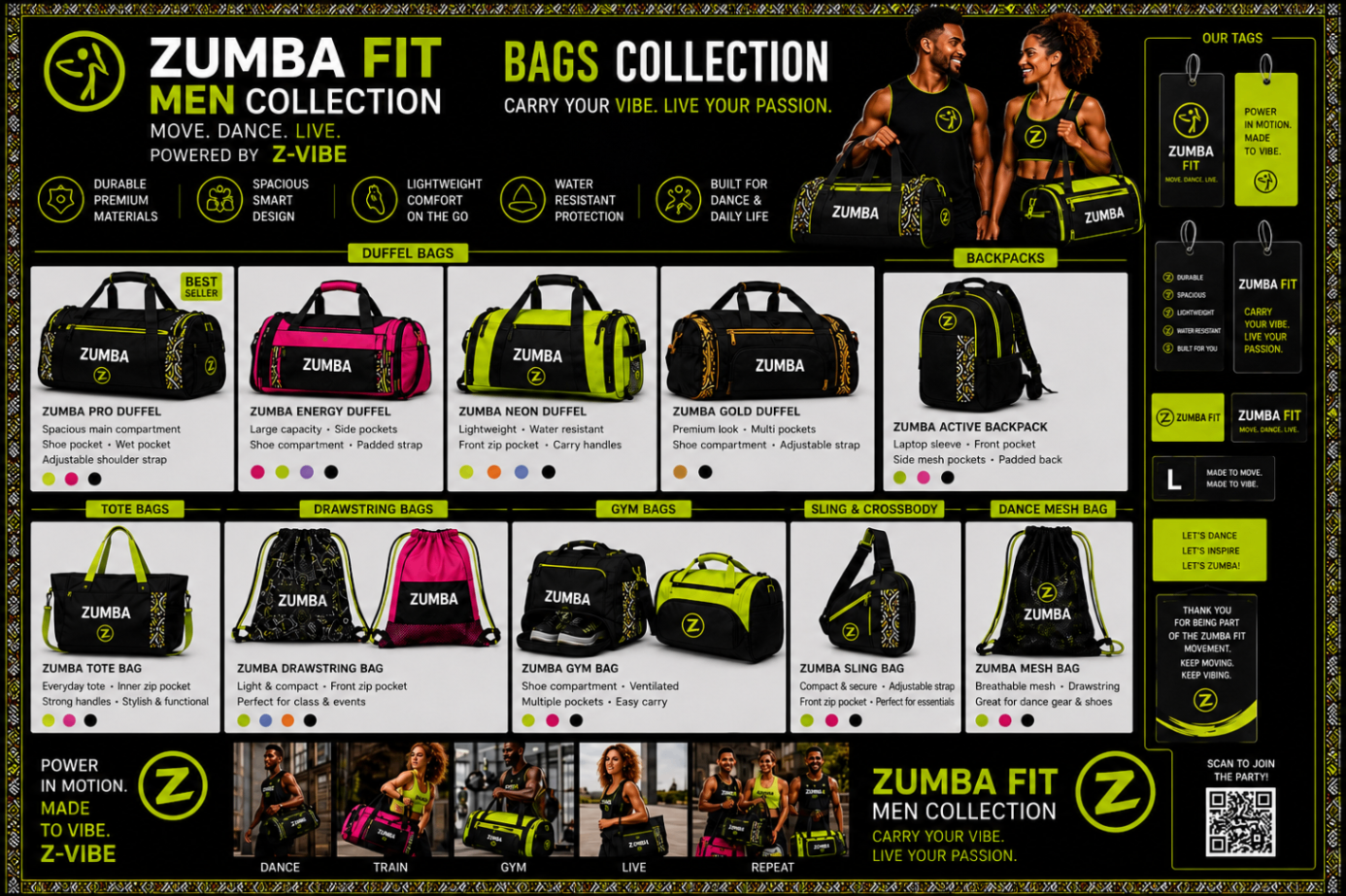 Fit Dance Bags Register — Women — House · Fit Dance seven-view specification plate; showing 01 Front, 02 Left, 03 Right, 04 Back, 05 Interior, 06 Inner tags, 07 Fabric detail. — 01 Front, Noir / Neon Lime