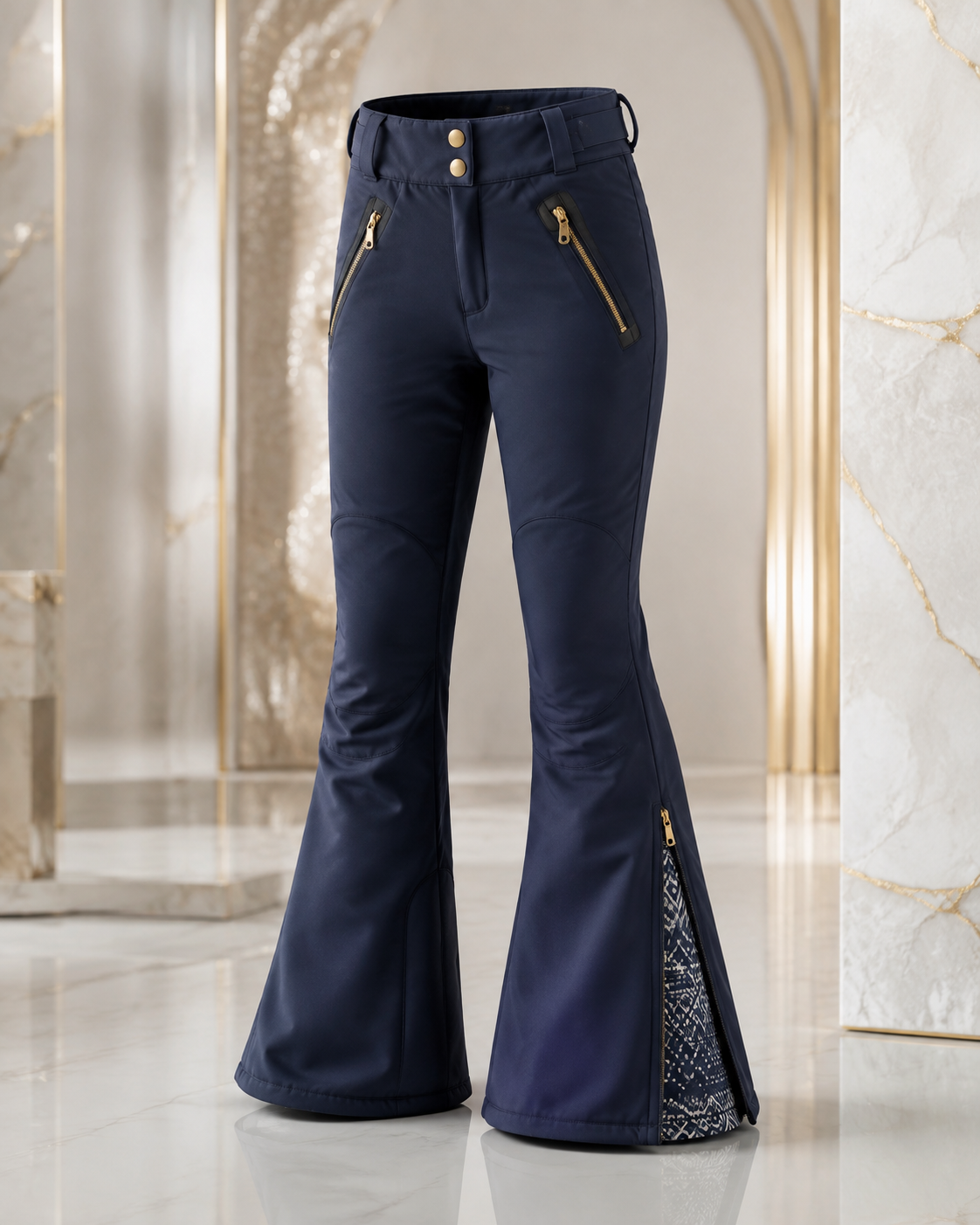 Midnight Aurora Ski-Flare — Girls — House · Z-Vibe Winter Pants Atelier™ seven-view specification plate; showing 01 Front, 02 Left, 03 Right, 04 Back, 05 Interior, 06 Inner tags, 07 Fabric detail. — 01 Front, Midnight Navy