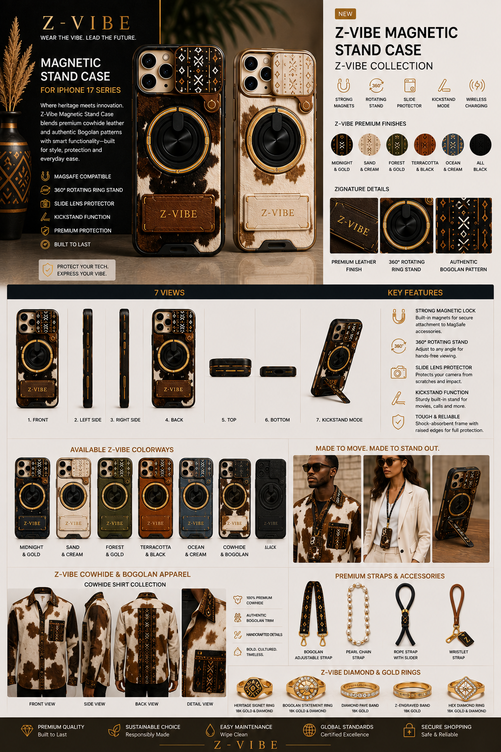 Magnetic Stand Case — Women — House · Cowhide & Bogolan seven-view specification plate; showing 01 Front, 02 Left, 03 Right, 04 Back, 05 Interior, 06 Inner tags, 07 Fabric detail. — 01 Front, Midnight & Gold