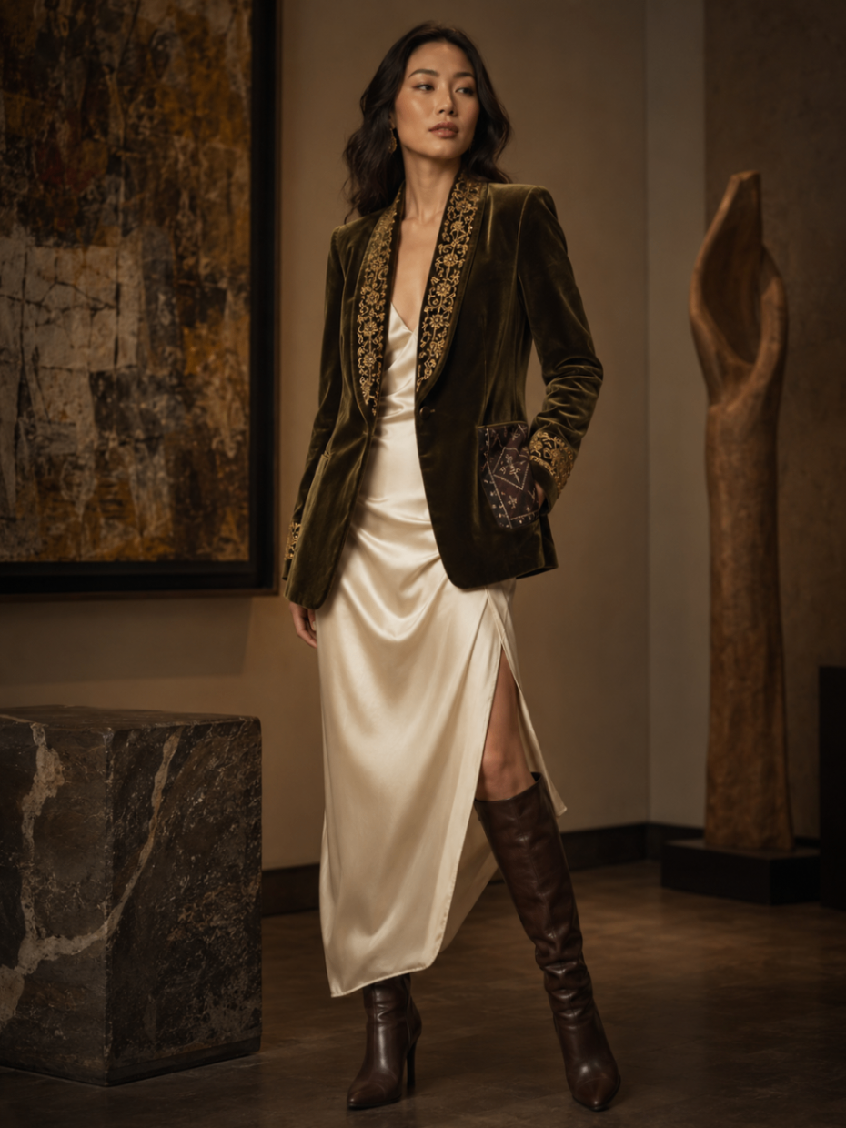 Olive Velvet Gold Bloom Blazer design board