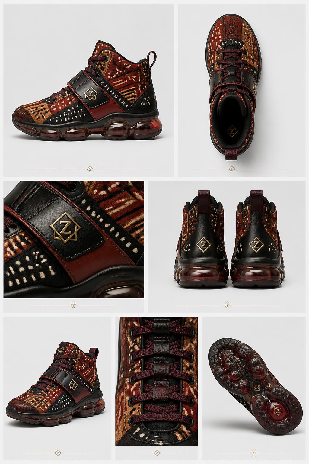 Z-Vibe Crimson™ Bogolan mudcloth High-Top — Women · Footwear seven-view specification plate; showing 01 Front, 02 Left, 03 Right, 04 Back, 05 Interior, 06 Inner tags, 07 Fabric detail; made in Hand-painted crimson Bogolan mudcloth, grained black leather, multi-chamber ruby air sole; shown in Crimson Earth, Obsidian Gold, Indigo Mud, Ochre Earth, Sable Cream, Forest Gum.